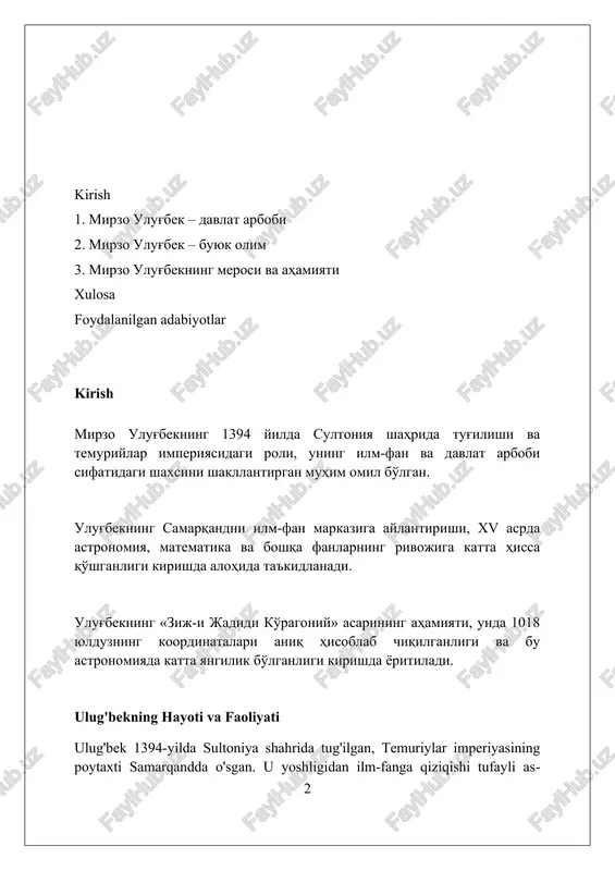 i yaratish bo'lgan. ilmiy meros «ilmiy meros» ulug‘bek akademiyasi tomonidan nashr etilgan ko‘plab asarlar ulug‘bekning astronomiya, matematika va geografiya sohalaridagi bebaho merosini namoyon etadi. ulug‘bekning «ziji jadidi ko‘ragoniy» asari xiv asr astronomiyasining eng muhim namunalaridan biri bo‘lib, 1018 ta yulduzning koordinatalarini aniq ko‘rsatib beradi. ulug‘bekning ilmiy maktabi samarqandda rivojlanib, qozizoda rumiy, ali qushchi kabi ko‘plab olimlarni yetishtirib chiqardi, ularning ishlari «ilmiy meros»ning ajralmas qismidir. astronomiyaga qo'shgan hissasi ulug'bekning «zij guragoniy» asari 1018 yulduzning o'rnini aniq belgilab berdi, bu o'sha davrdagi eng aniq yulduzlar katalogi hisoblanadi va astronomiyaga katta hissa qo'shgan. ulug'bek rasadxonasida gnomon, astrolyabiya va kvadrant kabi yirik astronomik asboblar yordamida quyosh, oy va sayyoralarning harakatini kuzatishda yuqori aniqlikka erishilgan. ulug'bek yulduzlar jadvalini tuzishda ptolemeyning «almagest» asaridan oshib o'tdi. uning aniqligi tycho brahe kuzatuvlarigacha eng yuqori ko'rsatkich bo'lgan. matematika va geometriya ulug'bekning 'ziji jadidi ko'ragoniy' asarida trigonometriya jadvallari, sinus va tangens qiymatlari 8 ta o'nlik belgiga aniqlikda keltirilgan, bu o'sha …