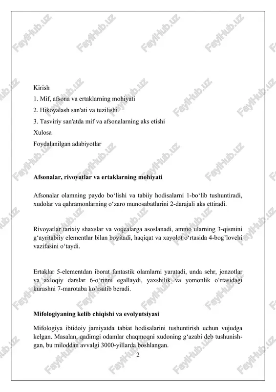 iyatga ega. rivoyatlarda axloqiy va ma'naviy saboqlar rivoyatlar ko'pincha qahramonlik, adolat va sadoqat kabi axloqiy tamoyillarni singdiradi, ularni 10 dan ortiq avlodlarga yetkazadi. ko'plab afsonalar 7 asosiy gunoh kabi salbiy xatti-harakatlarning oqibatlarini ko'rsatadi, odamlarni to'g'ri yo'ldan borishga undaydi. rivoyatlar insonning ma'naviy o'sishi uchun muhim bo'lgan sabr-toqat, kechirimlilik va 5 ta asosiy qadriyatlarni aks ettiradi. ertaklarning sehrli dunyosi "ertaklarning sehrli dunyosi" o'zbek xalq ertaklarida 7 raqami bilan bog'liq syujetlar keng tarqalgan, masalan, 7 o'g'il yoki 7 boshli dev kabi obrazlar mavjud. ertaklarda "uch olam" konsepsiyasi muhim rol o'ynaydi: yer osti, yer usti va osmon. qahramonlar 3 bosqichli sinovlardan o'tadilar va mukofotga ega bo'ladilar. "alpomish" dostonida 40 yigit alpomishga yordam beradi, bu esa kuch birlikda ekanligini ko'rsatadi. bu epik qahramonlik 12-13 asrlarda shakllangan. hikoyachilik san'ati: til va uslub hikoyachilikda tilning roli beqiyos: 90% holatda tasviriy uslub, metaforalar va 10% dialoglar qahramonlar dunyosini yaratadi va his-tuyg'ularni yetkazadi. uslubiy xususiyatlar 70% ohang, 20% ritm …