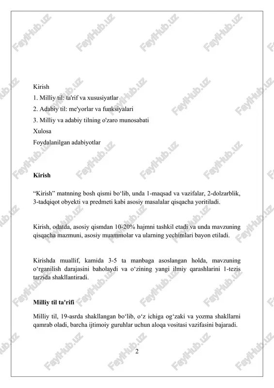 usiyati uning ko'p qirrali lug'at boyligidir. masalan, o'zbek tilida 100 mingdan ortiq so'z mavjud, bu esa fikrni aniq ifodalashga imkon beradi. milliy tilning 3-xususiyati uning o'ziga xos grammatik tuzilmasidir. gap tuzilishi, so'z turkumlari 6 ta asosiy kelishik qo'shimchalari bilan ifodalanadi. adabiy tilning xususiyatlari adabiy tilning asosiy xususiyatlaridan biri uning me'yorlashtirilganligidir; qoidalar majmui tilning grammatik va leksik tuzilishini aniq belgilaydi, 1995-yil qabul qilingan qonun asosida. uslubiylik adabiy tilning muhim belgisi bo'lib, unda 5 ta asosiy uslub farqlanadi: badiiy, ilmiy, publitsistik, rasmiy ish yuritish va so'zlashuv uslublari mavjud. adabiy tilning yana bir o'ziga xosligi uning ko'p qirraliligidir; u 12 ta viloyatda va poytaxtda istiqomat qiluvchi 35 milliondan ortiq odamga xizmat qiladi. milliy til va adabiy til o'rtasidagi munosabat adabiy til milliy tilning sayqallangan shakli bo'lib, unda me'yorlashuv jarayoni kuchli, grammatik qoidalar aniq 90% holatda ishlatiladi. u milliy tilga nisbatan 2 karra ko'proq imkoniyatga ega. milliy til adabiy til uchun asos bo'lib xizmat …