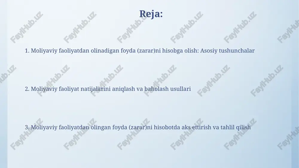 va soliqqa tortiladi. valyuta kurslari farqidan olinadigan foyda va zararlar valyuta kurslari farqidan olinadigan foyda va zararlar, aktivlar va majburiyatlarni qayta baholash natijasida yuzaga keladi, bu o'zbekiston respublikasi buxgalteriya hisobi milliy standartlari (bhms) 22-soniga muvofiq amalga oshiriladi. xorijiy valyutadagi operatsiyalardan keladigan foyda yoki zarar, operatsiya sodir bo'lgan sanadagi valyuta kursida hisobga olinadi va hisobot davri oxirida qayta baholanishi mumkin, bu valyuta xatarini boshqarish uchun muhimdir. qarz majburiyatlari bo'yicha xarajatlar hisobi qarz majburiyatlari bo'yicha foiz xarajatlari, o'zbekiston soliq kodeksiga muvofiq, odatda soliqqa tortiladigan foydadan chegiriladi, lekin cheklashlar mavjud. qarz xarajatlari buxgalteriya hisobida 6900 schyotlarida aks ettiriladi va qarzning turiga qarab, masalan, bank kreditlari yoki obligatsiyalar ajratiladi. moliyaviy faoliyat natijalarini taqdim etish moliyaviy faoliyat natijalari foiz xarajatlari (masalan, 12% lik kredit bo'yicha) va dividend to'lovlari (har bir aksiyaga 500 so'm) kabi xarajatlarni hisobga oladi. moliyaviy faoliyatda olingan foyda aktivlarni sotish, qimmatli qog'ozlardan tushgan daromad va valyuta kurslari farqidan olingan 15,000,000 so'mlik foydani …