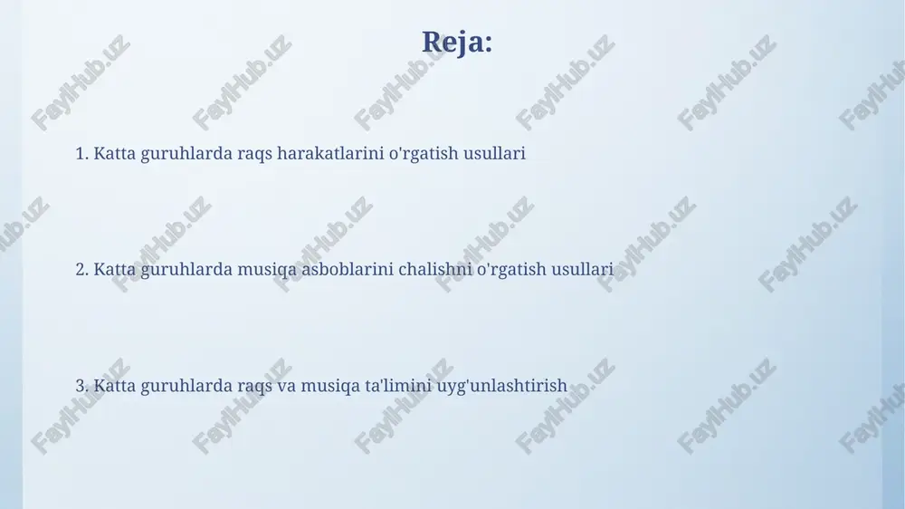 itish qobiliyatini rivojlantirish ijodiy mashqlar, masalan, 4-7 notadan iborat oddiy melodiyalarni tanib olish va ularni takrorlash orqali eshitish qobiliyatini rivojlantirish mumkin. intervalni aniqlash mashqlari muhim, bunda o'quvchilar turli xil intervallarni (masalan, katta 3, kichik 2) tinglash va farqlash orqali quloqlarini o'rgatadilar. guruh dinamikasi va boshqaruv guruh dinamikasi 10-15 kishilik guruhlar uchun samarali, bunda lider rol o'ynaydi, qarorlar esa umumiy muhokama orqali qabul qilinadi. boshqaruv uslubi turli bo'lishi mumkin: avtoritar (70% lider qarorlari), demokratik (50% umumiy qarorlar) yoki liberal (80% guruh qarorlari). motivatsiya va jalb qilish strategiyalari guruh ichida raqobatbardosh ruhni yaratish uchun 'raqobat o'yini' usulidan foydalaning, bu erda har bir guruh eng yaxshi ijroni namoyish etishga intiladi, 10 ball tizimi orqali baholanadi. innovatsion 'hikoyalar orqali o'qitish' usuli orqali musiqiy asboblar chalishni o'rgating, bunda har bir asbobning o'z hikoyasi bor, bu 20% ga ko'proq qiziqish uyg'otadi. baholash va teskari aloqa usullari baholashning diagnostik usuli 3-4 ta harakat elementlarini aniqlashga yordam beradi …