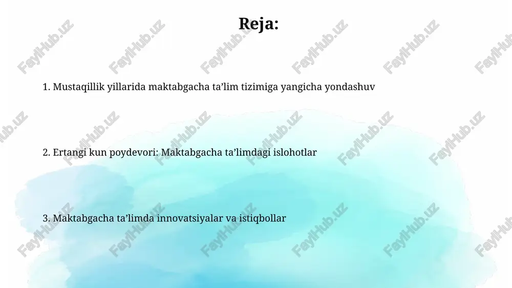 rnizatsiya qilish maktabgacha ta'lim tashkilotlarida 2017-yildan boshlab davlat-xususiy sherikchilik mexanizmlari keng joriy etildi, 5000 dan ortiq loyihalar amalga oshirildi, bu infratuzilmani yaxshilashga yordam berdi. 2018-2021 yillarda 'obod qishloq' va 'obod mahalla' dasturlari doirasida 2000 ga yaqin maktabgacha ta'lim muassasalari kapital ta'mirlandi va rekonstruksiya qilindi, sharoitlar sezilarli yaxshilandi. ta'lim dasturlarining yangilanishi mustaqillik yillarida “ilk qadam” davlat dasturi 2010-yilda joriy etilib, bolalarning 6 yoshgacha rivojlanishiga kompleks yondashuvni ta'minladi va sifatli ta'lim olish imkoniyatini kengaytirdi. 2018-yilda “maktabgacha ta’lim muassasalari faoliyatini takomillashtirish” chora-tadbirlari orqali 3-7 yoshdagi bolalarni maktabga tayyorlash bo‘yicha yangi pedagogik texnologiyalar amaliyotga tatbiq etildi. pedagog kadrlar salohiyatini oshirish pre-maktab ta’limi pedagoglarining malakasini oshirish bo‘yicha 3 yillik maqsadli dasturlar ishlab chiqildi, ularda 70% amaliy mashg‘ulotlar qamrab olinishi nazarda tutilgan. 2023-yilda pedagoglarning 45% dan ortig‘i qayta tayyorlandi, ularning 80% dan ziyodi yangi o‘quv metodikalarini amaliyotga joriy etish bo‘yicha ko‘nikmalarga ega bo’lishdi. ilmiy-metodik ta'minotni yaxshilash ilmiy-metodik ta'minot 2023-yilda yangilandi, bunda 50 dan ortiq oʻquv-metodik qoʻllanma, …