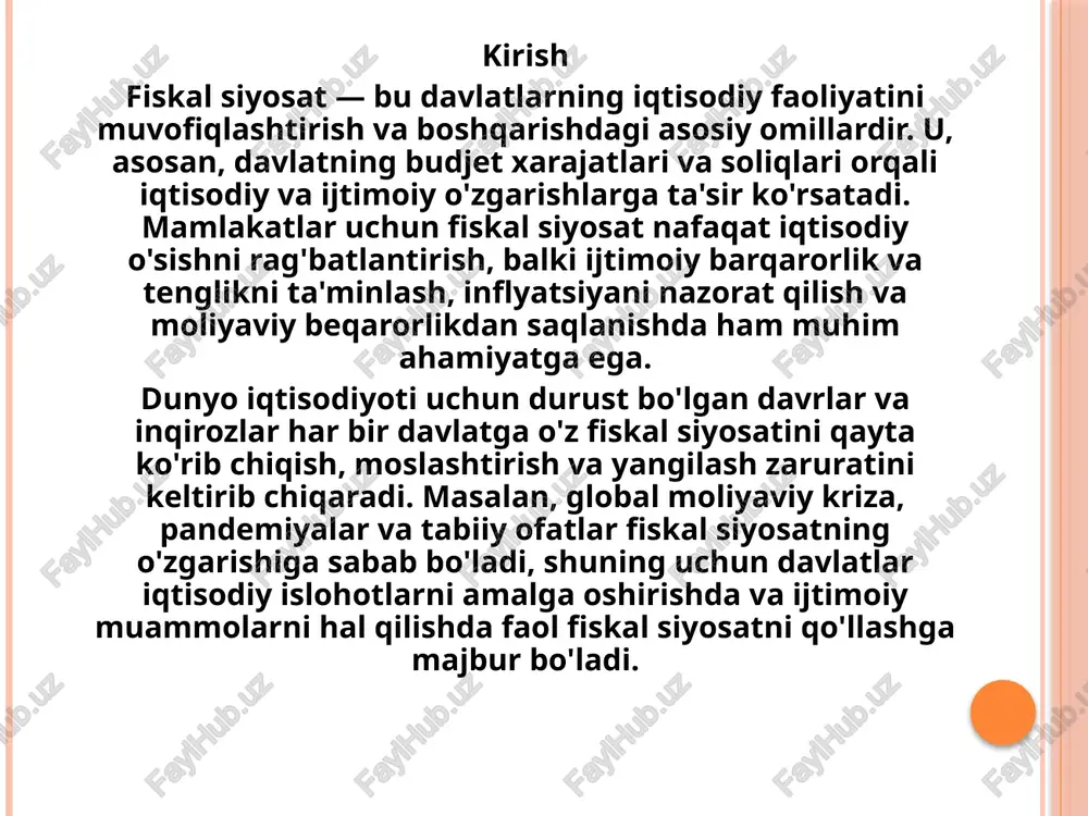 qilish, bizga bugungi kunda ham yaratilayotgan imkoniyatlar va muammolarni yanada aniqroq tushunishga yordam beradi. fiskal siyosat davlat xarajatlari va soliqlar orqali iqtisodiy o'sishni rag'batlantirish, barqarorlikni ta'minlash hamda ijtimoiy muammolarni hal qilish uchun muhim vositadir. osiyo va evropaning ko'plab mamlakatlari, shuningdek, rivojlanayotgan iqtisodlar, iqtisodiy ko'rsatkichlarni yaxshilash va ijtimoiy tenglikni ta'minlash maqsadida aktiv fiskal siyosatni qo'llab-quvvatlamoqda. masalan, 2020-yilda covid-19 pandemiyasi davrida ko'plab davlatlar o'z fiskal siyosatlarini kengaytirib, iqtisodiy barqarorlikni saqlashni maqsad qilishdi. bu jarayonda xarajatlarni oshirish, yangi ko'rsatkichlarni yaratish va proporsional soliq tizimini joriy etish kabi choralar qabul qilindi.. fiskal siyosatning asosiy maqsadlari: 1. iqtisodiy o'sishni rag'batlantirish: davlat xarajatlari orqali talabni oshirish va iqtisodiy faoliyatni rag'batlantirish. 2. ijtimoiy tenglikni ta'minlash: ijtimoiy dasturlar va yordamlar orqali kam ta'minlangan qatlamlarga yordam berish. 3. inflyatsiyaga samarali qarshi kurash: budjet siyosatini muvozanatga keltirib, inflyatsiyani nazorat qilish. 4.barqarorlikni ta'minlash: moliya tizimidagi o'zgarishlarga tezda javob berish. fiskal siyosatning turlari 1. ekspansiv fiskal siyosat: davlat xarajatlarini oshirib, soliqlarni kamaytirish …