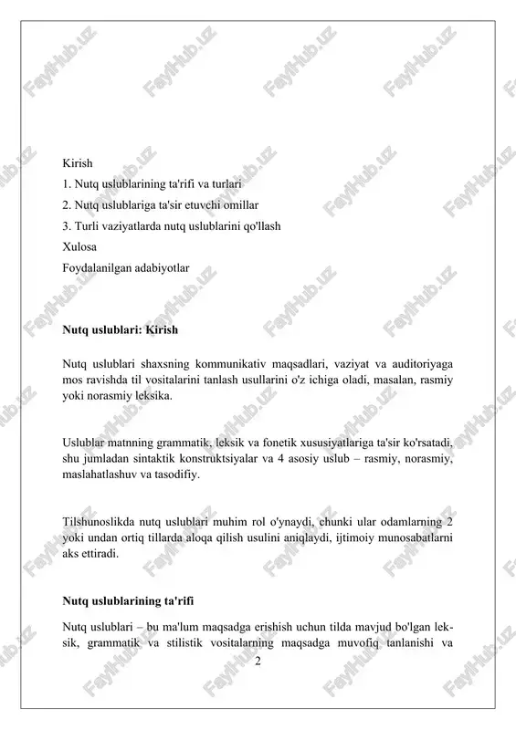 mumkin. bu uslubda so'zlashuvchilar o'rtasidagi yaqinlik darajasi yuqori bo'lib, norasmiy leksika 75% gacha qo'llanilishi va hissiy ifodalar ko'p uchraydi. norasmiy nutqda takrorlashlar, to'xtalishlar 2-3 soniyagacha davom etishi va noto'g'ri tuzilgan gaplar 60% gacha uchrashi mumkin, bu esa spontanlikni aks ettiradi. maslahat uslubi "maslahat uslubi" – bu kommunikatsiya shakli boʻlib, unda 2 yoki undan ortiq odamlar oʻzaro fikr almashib, muammolarni hal qilish yoki qaror qabul qilish uchun maslahatlashadilar. "maslahat uslubi" da 3 ta asosiy element mavjud: tinglash, tushunish va baham koʻrish. tinglash orqali biz boshqalarning fikrlarini qabul qilamiz va hurmat koʻrsatamiz. "maslahat uslubi" koʻpincha 1:1 uchrashuvlar, jamoaviy yigʻilishlar va mentorlik dasturlarida qoʻllaniladi. bu uslub ochiq muloqot va ishonchni rivojlantiradi. tasodifiy nutq uslubi tasodifiy nutq uslubi, norasmiy vaziyatlarda 10-15 nafar yaqin insonlar davrasida qo'llaniladi, bunda grammatik qoidalar biroz cheklanadi, ohang va imo-ishoralar muhim rol o'ynaydi. ushbu uslubda so'z boyligi kundalik hayotga moslashgan bo'lib, jargonlar, qisqartmalar va 2-3 ta oddiy gaplardan iborat iboralar …