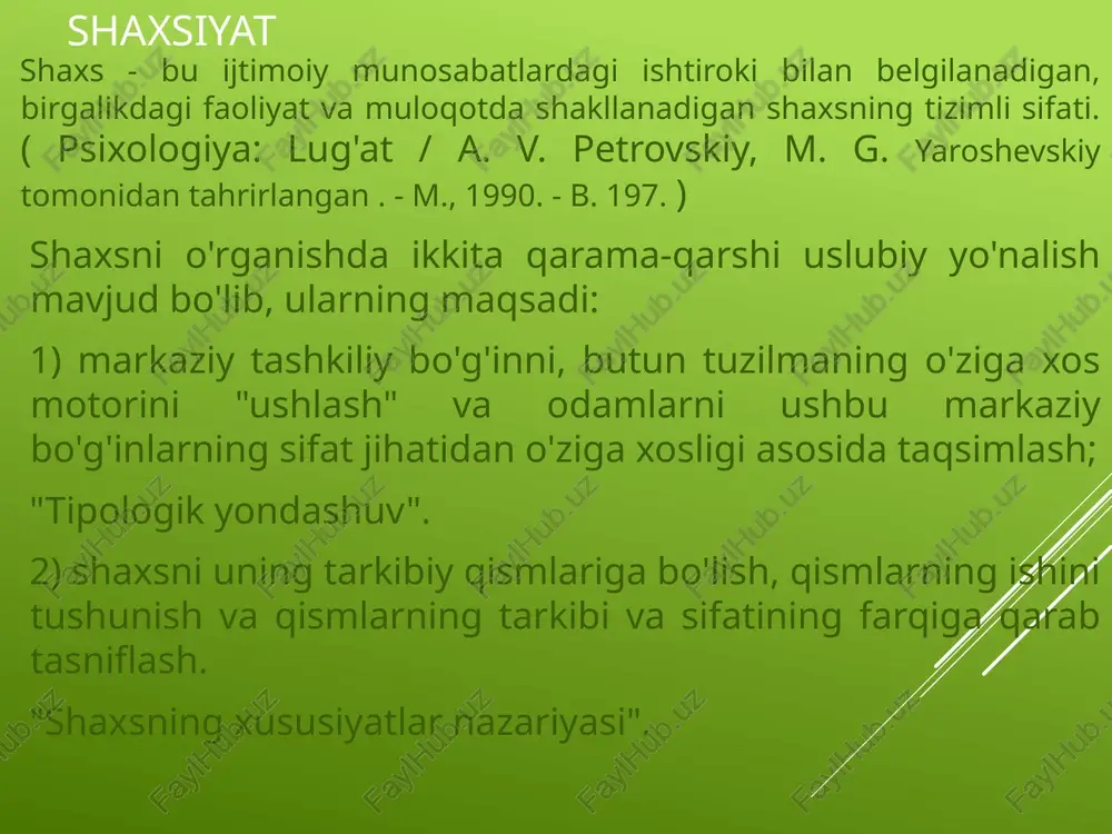 an belgilanadi. ular shaxs rivojlanishining ijtimoiy va sub'ekt-kasbiy muhiti tomonidan oldindan belgilab qo'yilgan torroq belgilar sinfiga kiradi. xulq-atvor xususiyatlari ko'p jihatdan standart vaziyatlar sinflarida odamlarning faoliyati uchun tarixan o'rnatilgan ijtimoiy-rol retseptlarining mazmunini aks ettiradi. ijtimoiy mehnat taqsimoti natijasida odamlarning turli guruhlari turli muammolarni hal qilishlari kerak. ushbu muammolarni hal qilish tajribasi odamlarning xatti-harakatlar strategiyasini belgilaydi. shaxsiy xususiyatlar shaxsning o'z xatti-harakatlarini tahlil qilish va loyihalashda ichki "ishi" bilan belgilanadi. bu refleksiv-situatsion shaxs xususiyatlari . (melnikov v. m. shaxsning eksperimental psixologiyasiga kirish / v. m. melnikov, l. t. yampolskiy. - m., 1985.) shaxsiy psixodiagnostika usullari shaxsning psixodiagnostikasi turli xil shaxsiy testlar yordamida amalga oshiriladi. shaxs testlari - bu shaxsning hissiy, motivatsion va shaxslararo xususiyatlarini, shuningdek, fikrlar, qarashlar, qiziqishlar va qadriyatlar xususiyatlarini o'lchash usullari. shaxsiyat testlarining quyidagi turlari mavjud: 1. shaxsiyat so'rovnomalari ( usullar sinfi - standartlashtirilgan o'z-o'zidan hisobotlar ); 2. qiziqishlar, fikrlar, munosabatlar va qadriyatlar so'rovnomalari ( usullar sinfi - standartlashtirilgan o'z-o'zidan …