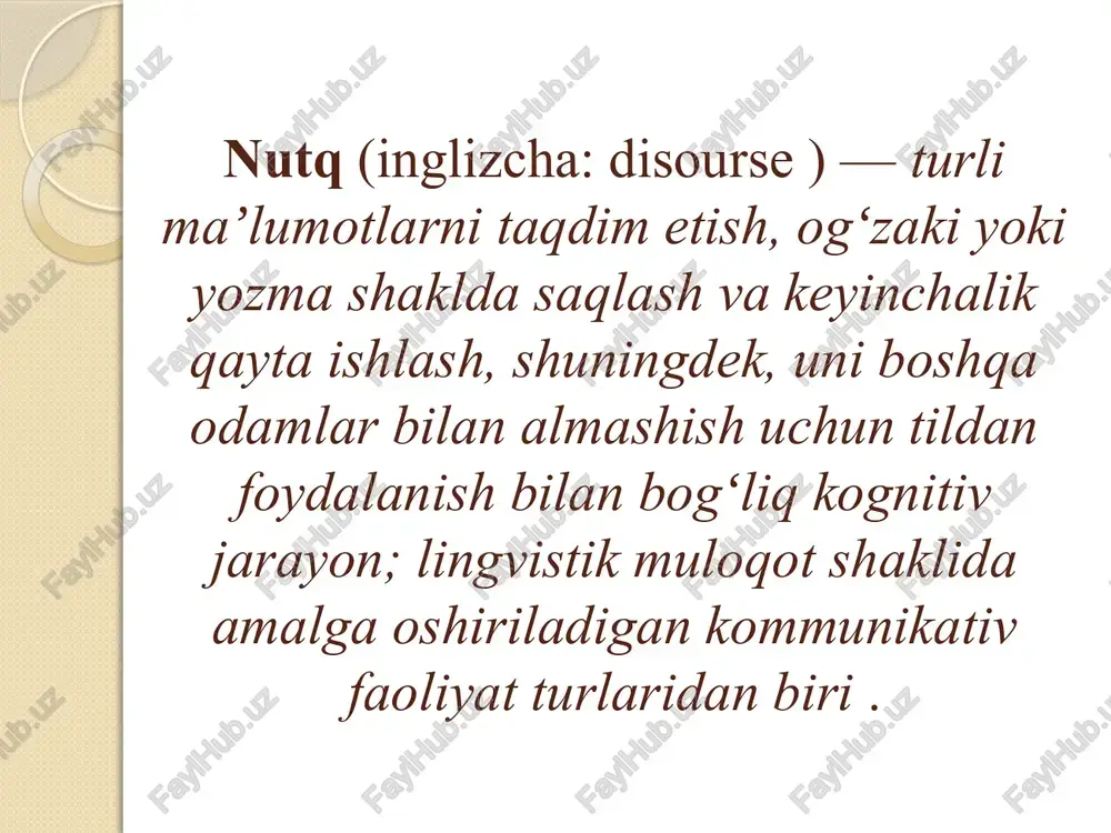 og'zaki) signalizatsiya tizimi bilan ham tartibga solinadi. ushbu signal tizimi so'zlarni idrok etishdan iborat - eshitiladigan, aytiladigan (ovoz yoki jim) va ko'rinadigan (o'qish va yozishda). so'zlarni tushunish va keyin talaffuz qilish qobiliyati bolada ma'lum tovushlarni (so'zlarni) tashqi ob'ektlarning vizual, taktil va boshqa taassurotlari bilan bog'lash natijasida paydo bo'ladi. nutqning ikkita "tomoni" ajralib turadi: ekspressiv va qabul qiluvchi . nuqt ta'sirli (tushunish) ekspressiv (ifoda) 2-rasm. nutqning “tomonlari” ularning rivojlanish asinxron tarzda sodir bo'ladi va turli mexanizmlar bilan qo'llab-quvvatlanadi: miyaning ba'zi hududlari va markazlari nutqni akustik va optik idrok etishda ishtirok etadi, boshqalari esa ovozli apparatlarning harakatini tartibga solishda ishtirok etadi. umuman olganda, ikkinchi signal tizimining faoliyati vosita, eshitish va vizual analizatorlar tomonidan qo'llab-quvvatlanadi, nutqni tartibga solishda etakchi rol miya yarim korteksining frontal loblariga tegishli . nutqni o'rganishda uning til bilan aloqasini hisobga olish kerak, chunki nutq undan foydalanish qobiliyati va mahoratini ifodalaydi. nutq va til bir xil narsa emas; ular birlashgan, …