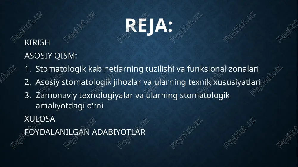 va steril saqlash — ketma-ket ta’minlanadi. radiologiya burchagi yoki xonasi ekranlangan bo‘lib, himoya vositalari bilan jihozlanadi va tasvirlar raqamli arxiv tizimiga uzatiladi. kichik laboratoriyada gips aralashtirish va tayyorlov ishlari samarali shamollatish va changni yutish bilan bajariladi. ombor va texnik xonalarda sarf materiallari me’yoriy sharoitda saqlanadi, kompressor hamda vakuum tizimlari akustik izolyatsiya qilingan makonda joylashtiriladi. qo‘l gigiyenasi uchun teginishsiz armaturali yuvinish punktlari strategik nuqtalarda o‘rnatiladi, tibbiy chiqindilar rangli konteynerlar orqali ajratilib yig‘iladi va o‘tkir buyumlar alohida qutilarda saqlanadi. favqulodda xavfsizlik choralariga yong‘in va elektr tizimlarining muntazam nazorati, evakuatsiya yo‘llarining aniq belgilanishi va universal dizayn talablari kiradi. it-infratuzilma elektron tibbiy kartalar, tasvir arxivi va kirish huquqlarini boshqarish orqali ma’lumotlar yaxlitligi hamda xavfsizligini kafolatlaydi. asosiy qism: 2. asosiy stomatologik jihozlar va ularning texnik xususiyatlari asosiy ish markazi — stomatologik unit — ergonomik kreslo, shifokor/assistent konsollari, suv-havo bloki va asboblar panelidan iborat bo‘ladi. kreslo balandligi silliq rostlanadi, yuklama ko‘tarish quvvati odatda 135–180 kg diapazonda, …