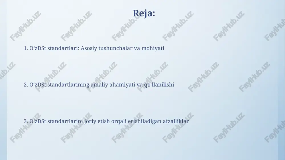 y talablarni belgilaydi, standartlar esa ularga erishish yo'llarini ko'rsatadi; 123-sonli qonun bu bog'liqlikni mustahkamlaydi. standartlar texnik reglamentlar talablariga muvofiqlikni baholash uchun asos bo'lib xizmat qiladi, 456 turdagi mahsulotlar uchun sifat kafolatini ta'minlaydi. mahsulot sifati va xavfsizligini ta'minlashda o'zdst standartlarining roli o'zdst standartlari mahsulot xavfsizligini kafolatlash uchun gost 28574-90 kabi gigiyenik talablarni belgilaydi, bu iste'molchilar salomatligini himoya qiladi. o'zdst 1303:2016 standartlari mahsulot sifatini boshqarish tizimlarini joriy etishda muhim rol o'ynaydi, iso 9001 tamoyillariga mos ravishda. o'zdst standartlariga muvofiqlikni baholash usullari o'zdst standartlariga muvofiqlikni baholashda sinov usullari qo'llaniladi, bunda mahsulot namunalari o'zdst 2877:2012 bo'yicha belgilangan talablarga javob berishi aniqlanadi. deklaratsiya qilish usuli ishlab chiqaruvchining o'zdst 2877:2012 talablariga javob berishini tasdiqlash uchun javobgarlikni o'z zimmasiga olishini nazarda tutadi. standartlashtirish bo'yicha xalqaro hamkorlik standartlashtirish bo'yicha xalqaro hamkorlik iso, iec va itu kabi tashkilotlar orqali amalga oshirilib, global savdoni yengillashtirishga qaratilgan. xalqaro standartlar eksport-import operatsiyalarida texnik to'siqlarni kamaytirish orqali o'zbekistonning raqobatbardoshligini oshirishga xizmat qiladi. o'zdst …