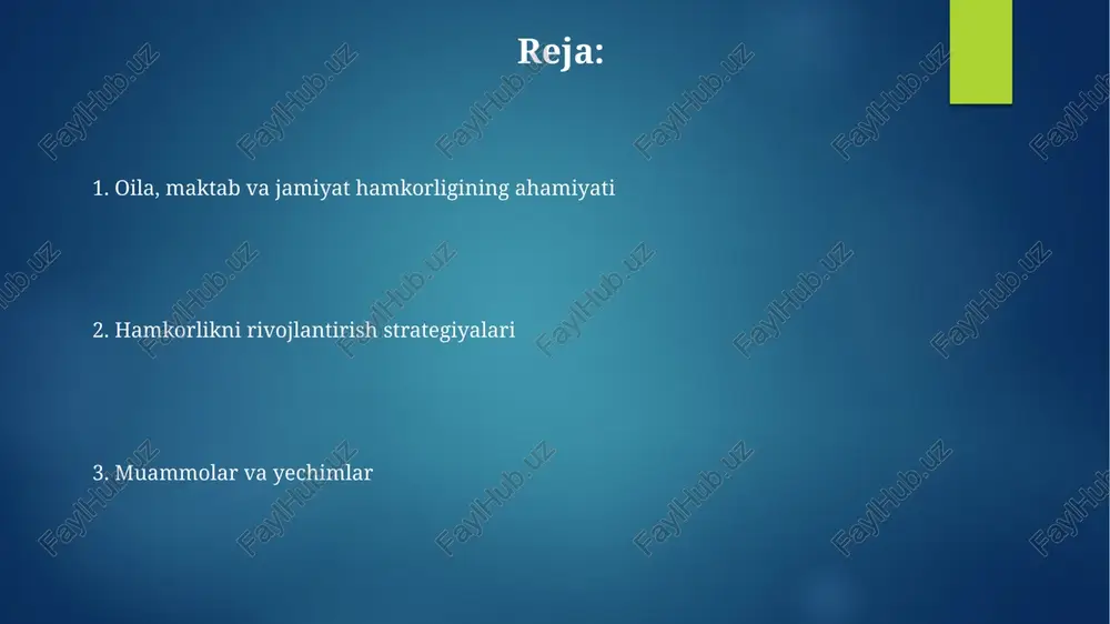 ahamiyatga ega. maktab-oila ittifoqi o'quvchilarga 90% ko'proq ijobiy ta'sir ko'rsatadi, chunki doimiy aloqa orqali darslardagi muammolar tezda aniqlanib, hal etiladi. maktab-jamiyat aloqalari: resurslar va imkoniyatlar «maktab-jamiyat aloqalari» o'quvchilarga 21-asr ko'nikmalarini (masalan, tanqidiy fikrlash) rivojlantirishga yordam beradi, bu esa kelajakda ish topish imkoniyatlarini oshiradi. mahalla faollari maktab tadbirlarida 100 dan ortiq soat ko'ngilli bo'lib ishlashlari mumkin, bu esa ta'lim sifatini oshirish va o'quvchilarga qo'shimcha resurslar beradi. oila-jamiyat hamkorligi: oilalarni qo'llab-quvvatlash "oila-jamiyat hamkorligi" 2024-yilda oilalarga ijtimoiy-psixologik yordam ko'rsatish, ularning huquqiy savodxonligini oshirishga qaratilgan dasturlarni o'z ichiga oladi. ushbu hamkorlik orqali oilalarga ta'lim, tibbiyot va ijtimoiy xizmatlar ko'rsatish, shu bilan birga oila byudjetini rejalashtirish bo'yicha maslahatlar beriladi. uyg'unlikka to'sqinlik qiluvchi omillar ijtimoiy-iqtisodiy tengsizlik, masalan, uy-joy narxlarining qimmatligi (100,000,000 so'mdan yuqori), turli maktablarda ta'lim sifatidagi tafovutlar uyg'unlikka salbiy ta'sir ko'rsatadi. etnik va diniy kelishmovchiliklar, ayniqsa, muayyan guruhlarga nisbatan noto'g'ri tushunchalar (masalan, 70% migrantlar muammosi) uyg'unlikni buzadi va o'zaro ishonchsizlikni kuchaytiradi. uyg'unlikni mustahkamlash yo'llari oilalar …
