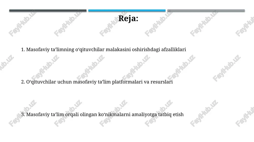 a o'rganishga imkon beradi. online kurslar o'qituvchilarga geografik cheklovlarsiz turli xil trening dasturlaridan foydalanish imkoniyatini beradi, bu esa 90% gacha transport va turar joy xarajatlarini tejashga yordam beradi. resurslarga keng qamrovli kirish imkoniyati masofaviy taʼlim oʻqituvchilarga 1000 dan ortiq onlayn kutubxonalarga, tadqiqot maqolalariga va video darsliklarga kirish imkonini beradi, bu ularning bilim bazasini kengaytiradi. oʻqituvchilar 50 dan ortiq turli vebinarlar va onlayn konferensiyalarda qatnashishlari mumkin, bu ularga sohadagi yangiliklar va ilgʻor tajribalar bilan tanishishga yordam beradi. individual yondashuv va shaxsiy o'sish distantsion ta’lim o‘qituvchilarga individual o‘quv rejalari yaratish imkonini beradi, bu esa har bir o‘quvchining 100% ehtiyojlariga moslashtirilgan darslarni rejalashtirishga yordam beradi. moslashuvchan kurslar o'qituvchilarga 75% qulaylik bilan shaxsiy o'sish uchun ko'proq vaqt ajratishga imkon beradi va yangi metodlarni o'rganishga 25% ko'proq resurs beradi. hamkasblar bilan hamkorlik va tajriba almashish masofaviy ta’lim o’qituvchilarga 24/7 forumlarda hamkasblar bilan sinxron va asinxron muloqot qilish, innovatsion dars ishlanmalari bo’yicha fikr almashish imkonini beradi. …
