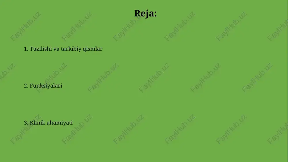 efferent yo'llarga, masalan, tegmental trakt yadrolari orqali o'tadigan rubrospinal trakt kiradi, bu trakt mushaklarning tonusini va harakatini nazorat qilishda muhim rol o'ynaydi. klinik ahamiyati va buzilishlar midbrain buzilishlariga parkinsonizm sabab bo'lishi mumkin, substantia nigra'dagi dopamin ishlab chiqaruvchi hujayralarning progressiv yo'qolishi natijasida, tremor va harakat qiyinchiliklariga olib keladi. midbrain infarkti, weber sindromi kabi turli xil buzilishlarga olib kelishi mumkin, bu esa uchinchi nervning falajlanishi va qarama-qarshi tomondagi gemiplegiyaga olib keladi. e'tiboringiz uchun rahmat image1.jpg image2.jpg image3.jpg image4.jpg image5.jpg image6.jpg