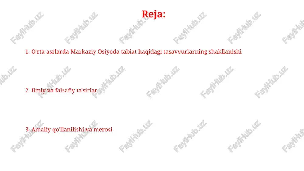 tabiat hodisalari, masalan, quyosh, oy va yulduzlar allohning qudratining belgilari sifatida ta'kidlangan. hadislarda daraxt ekish va unga g'amxo'rlik qilish sadaqa hisoblanadi, chunki u insonlarga va hayvonlarga foyda keltiradi va barakali 7 savoblarga ega. ilm-fan va falsafaning rivojlanishi al-xorazmiyning algebra va astronomiya sohasidagi ishlari, xususan, 'hisob al-jabr val-muqobala' asari matematikaga qo'shgan ulkan hissasi bo'lib, 700 dan ortiq masalalarni qamrab oladi. abu rayhon beruniyning 'hindiston' asari xi asrda hind madaniyati, fani va falsafasini chuqur o'rganishga bag'ishlangan bo'lib, 1030-yilda yozilgan. astronomiya va kosmologiya al-farg'oniyning “kitob fi javomi ilm al-nujum” asari 9-asrda yozilgan bo'lib, unda astronomik kuzatishlar va yerning diametrini aniqlash bo'yicha ma'lumotlar berilgan. abu rayhon beruniy 11-asrda yerning aylanishini aniq hisoblab, uning geografik koordinatalarini o'lchashda sezilarli yutuqlarga erishgan va bu kosmologiyaga ta'sir ko'rsatgan. geografiya va kartografiya al-xorazmiyning ix asrdagi «surat al-arz» asari markaziy osiyo kartografiyasida muhim bosqich bo‘lib, unda 240 ta xaritadan iborat aniq dunyo xaritasi taqdim etilgan. abu rayhon beruniyning xi asrdagi …