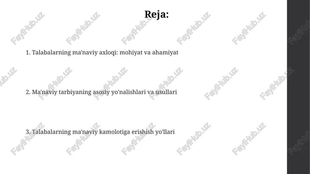 analarni avloddan avlodga yetkazish vazifasini bajaradi. ta'lim tizimida "milliy g'oya: o'zbekiston taraqqiyotining falsafasi" fani orqali yosh avlodning ma'naviy barkamol shaxs bo'lib yetishishiga alohida e'tibor qaratiladi, bu 1990-yillardan boshlangan. o'zbekistonda "ustoz-shogird" an'anasi orqali tajribali mutaxassislar yoshlarga o'z bilim va ko'nikmalarini o'rgatadi, bu esa ma'naviy merosning saqlanishiga xizmat qiladi. talabalarning ma'naviy-axloqiy sifatlari talabalarning axloqiy sifatlarini rivojlantirishda imom buxoriyning hadis to'plamlari kabi 12 ta diniy-ma'rifiy adabiyotlardan foydalanish ularning ma'naviyatini boyitadi. talabalarda vatanparvarlik tuyg'usini shakllantirish, ularni milliy g'urur ruhida tarbiyalashda o'zbekiston tarixiga oid 15 ta asosiy manbalarni o'rganish muhim. talabalarning ma'naviy kamolotiga erishish uchun alisher navoiyning 5 ta asosiy asarlarini tahlil qilish, ularni insonparvarlik va adolat tamoyillari bilan tanishtiradi. o'qituvchining ma'naviy-axloqiy tarbiyadagi roli o'qituvchi, adolat, halollik kabi 7 ta muhim axloqiy me'yorlarga rioya etgan holda, o'quvchilarda ma'naviy immunitetni shakllantiradi va salbiy ta'sirlardan himoya qiladi. o'qituvchi, shaxsiy namuna orqali, o'quvchilarda ibrat bo'lib, 12 ta umuminsoniy qadriyatlarni singdirishda muhim rol o'ynaydi va yuksak axloqiy sifatlarni shakllantiradi. …