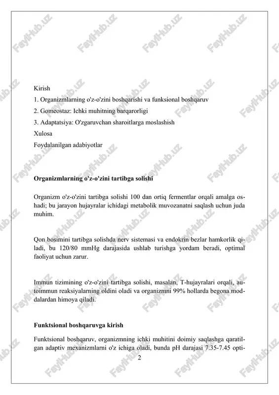 i kasalliklarga olib kelishi mumkin; masalan, qandli diabetda glyukoza metabolizmining buzilishi natijasida qonda shakar miqdori 200 mg/dl dan yuqori bo'lishi kuzatiladi. adaptatsiya mexanizmlari adaptatsiya mexanizmlari gen ifodasini o'zgartirishni o'z ichiga oladi, masalan, issiqlik zarbasi oqsillarini ishlab chiqarish tezligini 3-5 barobar oshirish orqali hujayralarni himoya qilish. fiziologik moslashuvlar, masalan, baland tog'larda qizil qon hujayralari sonining 20-30% ga ko'payishi kislorod tashish samaradorligini oshiradi va gomeostazni saqlaydi. xulq-atvor adaptatsiyasi, masalan, ko'chib yuruvchi qushlarning 1000 km dan ortiq masofaga uchishi ozuqa resurslaridan foydalanish va optimal haroratni topishga yordam beradi. o'z-o'zini tartibga solishning turlari endokrin oʻz-oʻzini tartibga solishda gormonlar 1-darajali ahamiyatga ega. ular kimyoviy signal molekulalari boʻlib, metabolik jarayonlarni 2-darajali taʼsir etuvchi omillar orqali boshqaradi. nerv oʻz-oʻzini tartibga solish tezkor signalizatsiyani taʼminlaydi. neyronlar orqali 0.1-1 sekund ichida impulslar uzatiladi, bu esa tezkor reaktsiyalarni taʼminlaydi. immun oʻz-oʻzini tartibga solish organizmni 3-darajali patogenlardan himoya qiladi. antitanachalar va hujayralar kasalliklarga qarshi kurashadi. funktsional boshqaruv tizimlari funktsional boshqaruv tizimlari, …