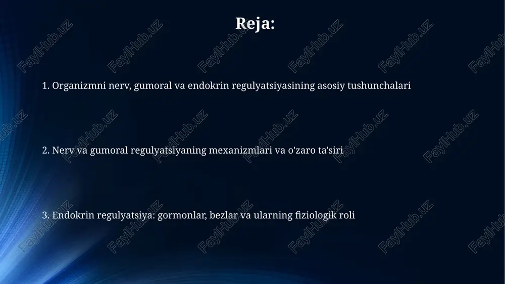 naptik retseptorlar bilan bog'lanadi. reflekslar va refleks yoylari refleks yoyi 5 qismdan iborat: retseptor, afferent neyron, neyron markazi, efferent neyron va effektordan iborat bo'lib, ta'sirga javob shakllanishi uchun muhimdir. shartsiz reflekslar tug'ma, irsiy xususiyatga ega bo'lib, organizmning hayot faoliyatini saqlashga qaratilgan (ovqat hazm qilish, nafas olish), ularning refleks yoylari miya ustunida joylashgan. vegetativ nerv sistemasi vegetativ nerv sistemasi (vns) avtomatik ravishda ichki organlar, masalan, yurak urishi va hazm qilishni nazorat qiladi, bularning aksariyati ongli ravishda boshqarib bo'lmaydi. vns ikkita bo'limga bo'linadi: simpatik, "kurash yoki qochish" reaksiyasini faollashtiradi va parasimpatik, "dam olish va hazm qilish" holatini rag'batlantiradi. organizmni humoral regulyatsiyasi: kirish humoral regulyatsiya organizmdagi suyuq muhitlar (qon, limfa, to‘qima suyuqligi) orqali biologik faol moddalar (gormonlar, mediatorlar) yordamida amalga oshiriladigan boshqaruv jarayonidir. humoral regulyatsiya nerv sistemasi bilan birgalikda ishlaydi, lekin undan farqli ravishda ta'sir ko‘lami kengroq va sekinroq bo‘lib, uzoq muddatli fiziologik jarayonlarni boshqaradi. humoral omillar: gormonlar, sitokinlar va boshqalar gormonlar endokrin …