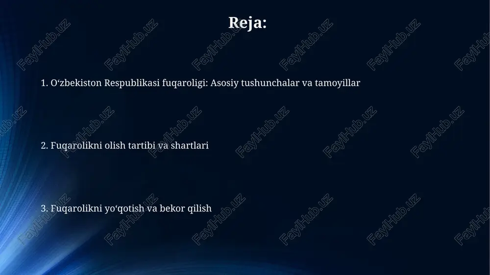 atlarni rasmiylashtirishga yordam beradi. oʻzbekiston respublikasi fuqaroligini tasdiqlovchi hujjatlar oʻzbekiston respublikasi fuqaroligini tasdiqlovchi asosiy hujjat bu fuqaroning 16 yoshdan boshlab beriladigan id kartasi yoki biometrik pasportidir. oltmish yoshdan oshgan fuqarolar uchun pensiya guvohnomasi, agar unda fuqarolik belgisi boʻlsa, fuqarolikni tasdiqlovchi hujjat sifatida qabul qilinishi mumkin. ikki fuqarolik masalalari o'zbekiston respublikasi qonunchiligi ikki fuqarolikka yo'l qo'ymaydi, ya'ni o'zbekiston fuqarosi bir vaqtning o'zida boshqa davlat fuqaroligiga ega bo'lishi mumkin emas. o'zbekiston fuqaroligini olish tartibi belgilangan, lekin ilgari boshqa davlat fuqarosi bo'lgan shaxslar o'zbekiston fuqaroligini olish uchun oldin o'z fuqaroligidan voz kechishlari shart. bola fuqaroligi bola fuqaroligi o'zbekiston respublikasida tug'ilganligi sababli, agar ota-onasi noma'lum bo'lsa, fuqarolikni olishi mumkin. bu konstitutsiyaning 21-moddasida belgilab qo'yilgan muhim huquqdir. ota-onasi turli davlatlar fuqarolari bo'lgan bola, agar o'zbekiston hududida tug'ilgan bo'lsa, fuqarolikka ega bo'lishi mumkin, qonun 1992-yil 2-iyulda qabul qilingan. fuqarolikni aniqlash agar bola o'zbekiston respublikasi hududida tug'ilgan bo'lsa, uning ota-onasi noma'lum bo'lsa, u fuqaro deb tan olinadi, …