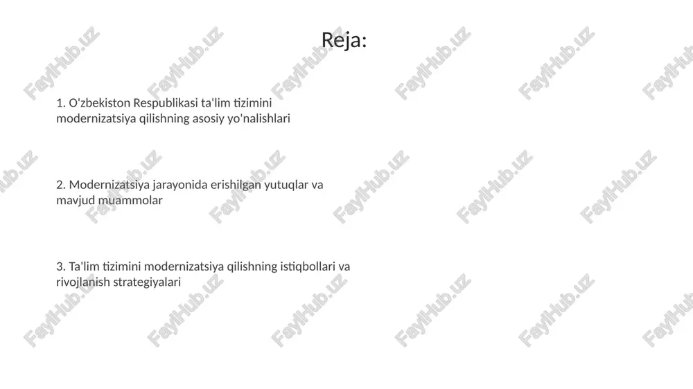 va akademik litseylarga yo'nalish imkoniyatini beradi. professional taʼlimni takomillashtirish: mehnat bozorining ehtiyojlariga moslashuv 2021-2025-yillarda professional taʼlim tizimida dual taʼlim shakli kengaytirilib, kamida 500 ta korxona bilan hamkorlik oʻrnatiladi, bu esa amaliy koʻnikmalarni oshiradi. mehnat bozorida talab yuqori boʻlgan 100 dan ortiq yangi kasb va mutaxassisliklar boʻyicha oʻquv dasturlari ishlab chiqilib, oʻquv jarayoniga joriy etiladi, bu esa ish beruvchilar ehtiyojini qondiradi. oliy taʼlimni modernizatsiya qilish: sifat va raqobatbardoshlikni oshirish oliy taʼlimda kredit-modul tizimi keng joriy etilmoqda, bu talabalarga 120-240 ects kredit toʻplash va oʻquv dasturlarini moslash imkonini beradi. 2023-yilga kelib, oʻzbekistonda 30 dan ortiq xorijiy universitet filiallari faoliyat yuritmoqda, bu esa raqobatni oshirib, taʼlim sifatini yaxshilashga xizmat qiladi. taʼlim jarayoniga axborot texnologiyalarini joriy etish elektron ta’lim platformalari, masalan kundalik tizimi, 2 milliondan ortiq oʻquvchi va oʻqituvchiga ta’lim resurslari, baholash va kommunikatsiya vositalarini taqdim etadi hamda ta’lim sifatini oshiradi. 2020-yilda 'raqamli oʻzbekiston – 2030' dasturi qabul qilindi, bu taʼlimda akt infratuzilmasini rivojlantirishni …