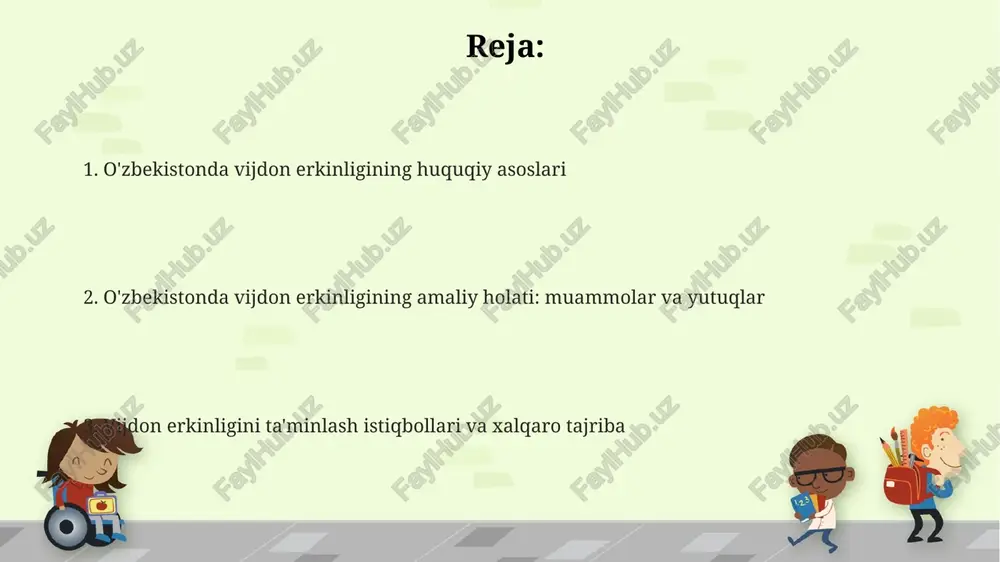 lgacha mo'ljallangan inson huquqlari bo'yicha milliy harakat rejasini amalga oshirish, vijdon erkinligini himoya qilish bo'yicha davlat siyosatini kuchaytiradi va xalqaro standartlarga moslashtiriladi. e'tiboringiz uchun rahmat image1.png