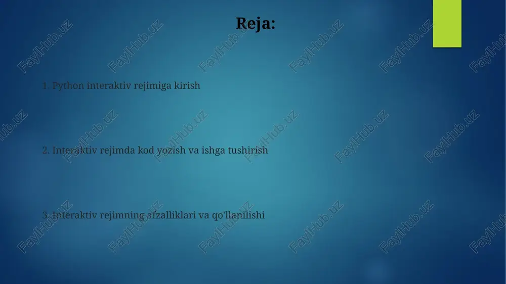 beradi, bu esa dasturni tezkor sinovdan o'tkazish va xatolarni aniqlash imkonini beradi. kamchiligi shundaki, har bir buyruqni kiritish zarurati, ayniqsa 1000 qatordan ortiq katta dasturlarda vaqtni sezilarli darajada tejaydi va 2-chi marotaba takrorlashga to'g'ri keladi. e'tiboringiz uchun rahmat image6.png image2.png image3.png image4.png image5.png