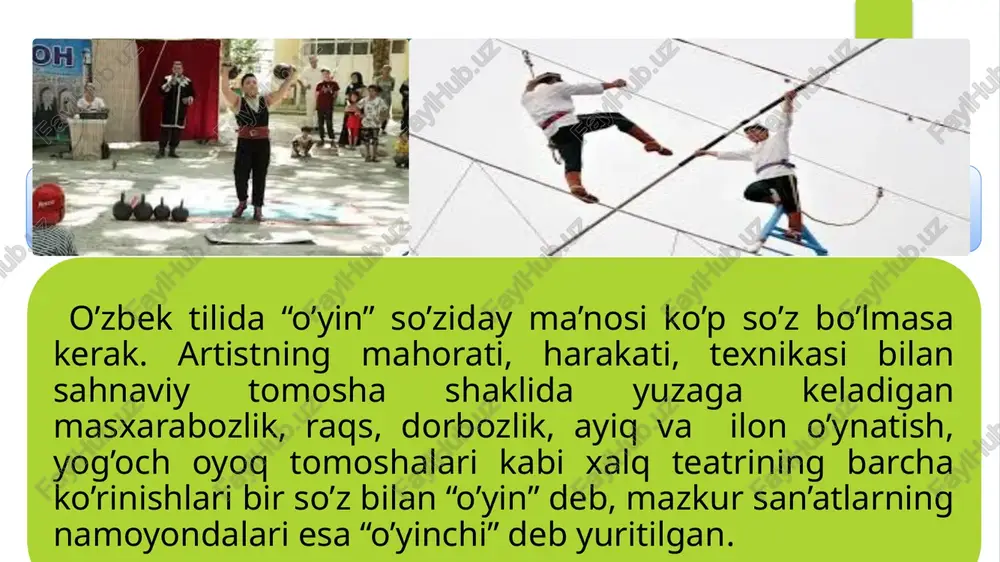 a keltirib, ularga hayot bag’ishlab, odamlarga qanchadan- qancha ma’naviy oziq va kuch in’om etadi. boshqa paytda oddiy bolalar o’yinchog’idan kam farq qiladigan qo’g’irchoq qog’irchoqboz qo’liga tushgach, jonlanadi, aql paydo qiladi, rosmana jismoniy hayot bilan yashay boshlaydi: kuladi, yig’laydi, iztirob chekadi, urishadi, o’ynaydi, kuylaydi. mana shu mitti artistlar hayot va inson jumboqlari ustida bosh qotiradilar. sevgi va sadoqat, do’stlik va muruvvat, rostg’oylik va halollik haqida hikoya qiladi. ko’z oldingizda ana shu zayl mo’jiza sodir bo’ladi. mahorat-iste`dod u sizni sehrlaydi siz rostakam odamlar harakat qilayotganday tomoshaga berilib ketasiz, voqeaga ishonasiz, hayratlanasiz, lol bo’lasiz. ammo bu –g’ayritabiiy bir kuch hosil qilgan karomat emas, qo’g’irchoqboz mahorati, iste’dod mahsuli, san’at sehridir. qo’g’irchoqbozlar el-yurtga ozor bergan, g’am kulfat keltirgan zamon zo’ravonlarini tanqid qilish hamda turmushdagi ayrim qoloqliklar, egriliklar ustidan kulish bilan xalq uchun zarur bo’lgan katta ijtimoiy va estetik vazifani bajarib kelganlar. temuriylar davri temuriylar davrida xalq san’atining barcha turlari keng rivojlangan. ayniqsa, dorbozlar, qo‘g‘irchoqbozlar, kosa …