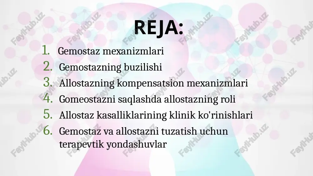 sindromi hissiy charchoq, kinizm, samaradorlikning pasayishi. yurak-qon tomir kasalliklari gipertenziya, yurak xuruji, qon tomirlari. immunitet tanqisligi infektsiyalarga nisbatan sezuvchanlikning oshishi. 8 gemostaz va allostaz diagnostikasi va baholash qon analizi gemostaz parametrlarini, koagulyatsion omillar darajasini tekshirish. elektrokardiogramma (ekg) yurak faoliyatini baholash, ritm buzilishlarini aniqlash. neyropsixologik tadqiqotlar stress darajasini, kognitiv funktsiyalarni aniqlash. gormonal holatni baholash stress gormonlari darajasini o'lchash (kortizol, adrenalin). 9 gemostaz va allostazni tuzatish uchun terapevtik yondashuvlar gemostazni tuzatish antikoagulyantlar, trombolitiklar, antiplatelet agentlari. geparin varfarin aspirin stressni boshqarish psixoterapiya, dam olish usullari, sog'lom turmush tarzi. yoga meditatsiya jismoniy mashqlar farmakologik usullar beta-blokerlar, antidepressantlar, trankvilizatorlar. propranolol fluoksetin diazepam 10 image2.png image3.png image4.png image5.png image6.png image7.png image8.png image9.png image10.png image11.png image12.png image1.jpg