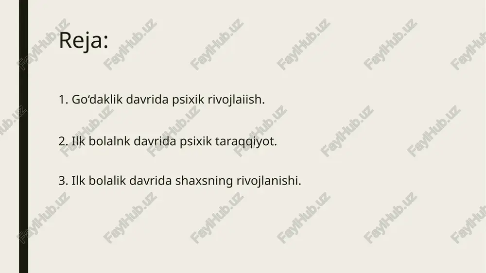 nishiga olib keladi 3-7yoshli bolalar psixik rivojida badiiy-ijodiy faoliyat bulgan musikaning xam axamiyati xam juda katta. musika orkali bolalar ashula aytishga, musika oxangiga mos ritmik xarakatlar kilishga urganadilar. 3-7 yosh davrida bolalar asosiy faoliyati kuyidagi ketma-ketlikda keladi: 1. predmetlarni urganish, 2. individual predmetli uyinlar, kollektiv syujetli-rolli uyinlar, 3. individual va guruxiy ijod, 4. musobaka uyinlar, 5. mulokot uyinlar- 6. uy mexnati. ilk bolalik davrida psixik taraqqiyot. ilk bolalik davri.- go‘daklik davridan so‘ng rivojlanishning yangi bosqichi ilk bolalik (1-3 yosh) davri boshlanadi, ilk bolalik davri bola hayotidagi eng ahamiyatta molik, uiing kelajakdagi psixologik rivojlanishini belgilab beruvchi - muhim davr hisoblanadi. bu davrdagi rivojlanishning asosini bolaning to‘tri yurishi, mulohotta kirishishi va predmeatsh faoliyatni egallash xususiyatlari tashkil etadi. tikka va to‘g‘ri yura olish imkoni bolani, doimiy ravishda yangi ma’lumotlarni egallashga zamin bo‘ladi. bu yoshdagi bolalar o‘z xatti—harakatlari bilan juda faol va kattalar bilan muloqotga kirishishga intiluvchan bo‘ladilar. 3-7 yoshgacha bulgan davr bogcha yoshi …