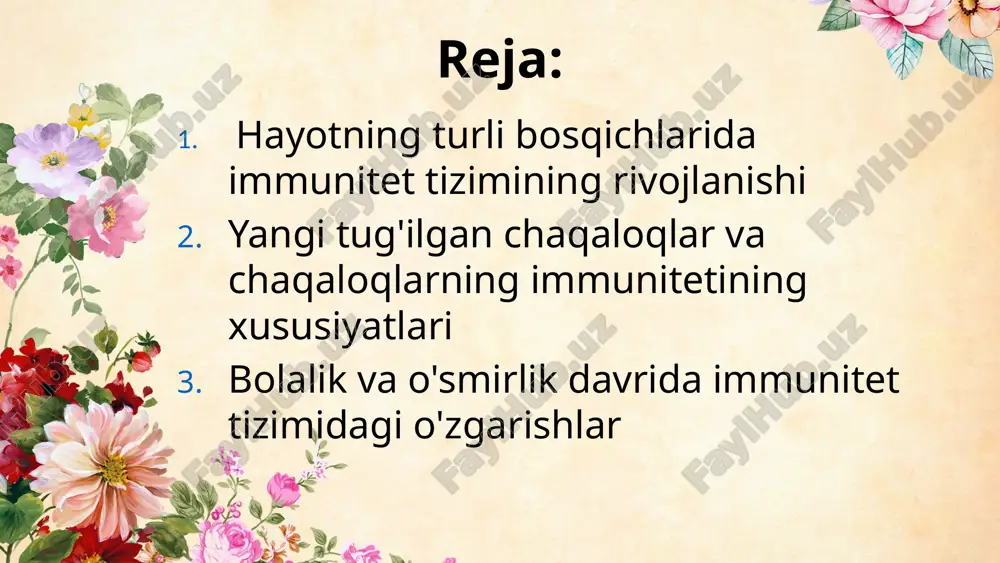 jlanish xavfi 7 keksa yoshdagi immunitet tizimidagi yoshga bog'liq o'zgarishlar 1 immunitet reaktsiyasining pasayishi yoshimiz o'tgan sayin immunitet tizimining samaradorligi pasayadi. 2 sezuvchanlikning kuchayishi keksa odamlar infektsiyalarga ko'proq moyil. 3 otoimmün kasalliklar otoimmün kasalliklarni rivojlanish xavfi ortadi. 4 yallig'lanishning kuchayishi keksa odamlarning tanasida surunkali yallig'lanish paydo bo'lishi mumkin. 8 hayot davomida immunitet tizimiga ta'sir qiluvchi omillar oziqlanish jismoniy faollik orzu stress sog'lom ovqatlanish immunitet tizimini mustahkamlaydi. doimiy jismoniy mashqlar immunitetni yaxshilaydi. to'g'ri uyqu immunitet tizimini tiklashga yordam beradi. surunkali stress immunitet tizimini zaiflashtirishi mumkin. 9 xulosa: sog'lom immunitet tizimini saqlash sog'lom immunitet tizimi umumiy farovonlik uchun muhimdir. sog'lom turmush tarzini saqlash hayot davomida uning samaradorligini saqlab qolishga yordam beradi. 10 image1.jpg image2.png image3.png image4.png image5.png image6.png image7.png image8.png image9.png image10.png image11.png image12.png