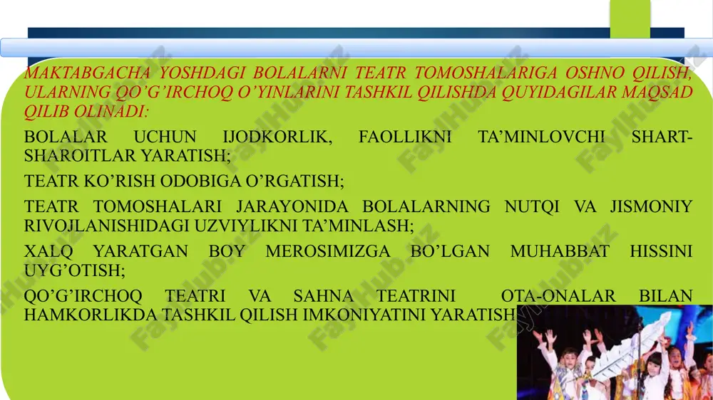 ba tanlash (ertak tanlash). tanlangan ertak bolaning yoshiga mos kelishi; musiqa tanlash; qo’g’irchoq teatrini ko’rsatish rejasini tuzish. maktabgacha ta’lim tashkilotlarida qo’g’irchoq teatr jihozlarini tayyorlash va tomoshalar ko’rsatish quyidagi bosqichlar asosida amalga oshirish tavsiya etiladi: ikkinchi bosqich: ko’zlagan maqsadga erishishda ertak mazmuniga ko’ra qahramonlarni tanlash va so’zlarini yod oldirish; qo’g’irchoqlarni yasash va kiyintirish; tarbiyachi bilan hamkorlikda she’rlarni yod olish. uchinchi bosqich: tarbiyachi va bolalar bilan hamkorlikda teatr turiga ko’ra ertakni sahnalashtirish; qo’g’irchoq teatri namoyishi, bolalarni qiziqishlari va ularga yoqqan qahramonlar haqidagi fikrlarini aniqlash. maktabgacha yoshdagi bolalarga o’qib beriladigan har qanday asarning hajmi qisqa, mazmuni sodda bo’lishi talab etiladi. maktabgacha ta’lim tashkilotlarida badiiy asarning ertak, hikoya, she’r, qo’shiq, maqol, topishmoq va tez-aytish kabi turlaridan keng foydalaniladi. har qanday yozuvchi maktabgacha ta’lim yoshidagi bolalar uchun yaratilgan asar tilining badiiy jihatdan puxta-pishiqligiga, sodda va tushunarliligiga alohida e’tibor beradi. she’r ertaklar barcha halqlar ogzaki ijodining eng sevimli, qiziqarli va o’ziga xos turi ertaklar hisoblanadi. hayot …