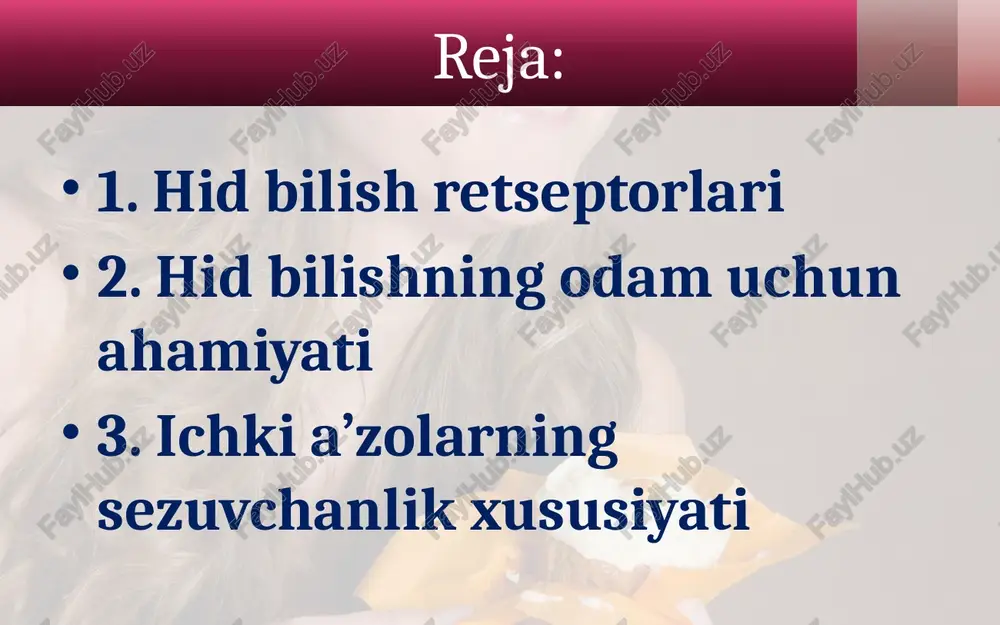 miyaning boshqa qismlari hid bilish ma'lumotlarini qayta ishlaydi va sharhlaydi. 7 insonning kundalik hayotida hidning o'rni 1 hidni aniqlash hid hissi bizga turli xil hidlarni tanib olish va ularning manbalarini aniqlashga yordam beradi. 2 ovqatlanish harakati hidlar ovqatni tanlash va idrok etishda asosiy rol o'ynaydi, tuyadi va ta'mga bo'lgan afzalliklarga ta'sir qiladi. 3 ijtimoiy aloqalar hid hissi boshqa odamlarning hissiy holatini tan olishda ishtirok etadi va bizning ijtimoiy xatti-harakatlarimizga ta'sir qiladi. 4 xavfsizlik hid hissi bizni tutun yoki gaz qochqinlari kabi xavfli moddalar mavjudligi haqida ogohlantiradi. 8 hidlarning his-tuyg'ularga, kayfiyatga va xatti-harakatlarga ta'siri hissiy xotira hidlar o'tmishdagi tajribalar bilan bog'liq kuchli hissiy reaktsiyalarni keltirib chiqarishi mumkin. kayfiyat o'zgaradi ba'zi hidlar bizning kayfiyatimizga ta'sir qilishi mumkin, bu bizni xotirjam yoki hayajonlanishga olib keladi. xulq-atvorga ta'sir qilish hidlar bizning xatti-harakatlarimizga ongsiz ravishda ta'sir qilishi mumkin, masalan, bizni muayyan harakatlarni tanlashga undaydi. psixoterapevtik maqsadlarda foydalanish aromaterapiya psixologik farovonlik va umumiy farovonlikni yaxshilash uchun …