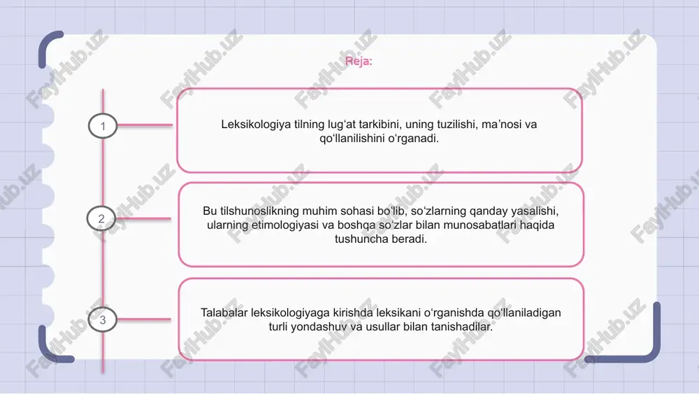qismlarini birlashtirib, yangi so‘z hosil qiladi. leksik semantika leksikologiya tildagi soʻzlar va ularning maʼnolarini oʻrganadi. bu tilning lugʻat tarkibiga eʼtibor qaratuvchi tilshunoslikning boʻlimi. leksik semantika so'zlarning ma'noni qanday etkazishini o'rganadi. bu alohida so'zlarning ma'nosini va ularning jumla va nutqda bir-biri bilan qanday bog'lanishini o'rganadi. leksikologiya va leksik semantika sohasi tilning qanday ishlashini va muloqotda ma'no qanday tuzilganligini tushunish uchun muhimdir. 1 2 3 leksik xilma-xillik leksikologiya tilning lugʻat tarkibini oʻrganuvchi tilshunoslikning boʻlimidir. u so'zlarning ma'nosi, tarixi va qo'llanilishini o'rganadi. leksik oʻzgaruvchanlik soʻzlarning turli kontekstlarda yoki soʻzlovchilarning turli guruhlari tomonidan qoʻllanilishining turli usullarini bildiradi. u talaffuz, imlo va ma'nodagi o'zgarishlarni o'z ichiga olishi mumkin. leksik o‘zgaruvchanlikni tushunish tillarning xilma-xilligi va boyligini tushunish, shuningdek, til o‘zgarishi va sotsiolingvistikani o‘rganish uchun muhim ahamiyatga ega. leksikologiya va til o'zgarishi leksikologiya so'zlarni, ularning ma'nosini va vaqt o'tishi bilan qanday o'zgarishini o'rganadi. u til va madaniyat o'rtasidagi munosabatni va jamiyatlar o'zgarishi bilan so'zlarning qanday rivojlanishini ko'rib …