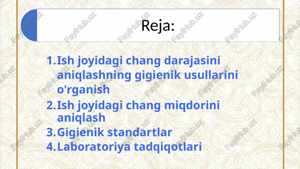 adi. havodan namuna olish 1 namuna olish nuqtalarini tanlash eng changli hududlarni tavsiflovchi asosiy nuqtalarni aniqlash. 2 tanlash metodologiyasi maxsus jihozlardan foydalanish va xavfsizlik qoidalariga rioya qilish. 3 hujjatlar tanlov shartlari va boshqa zarur ma'lumotlarni yozib olish. 7 laboratoriya tadqiqotlari kompozitsiyani tahlil qilish changning sifat va miqdoriy tarkibini aniqlash. kimyoviy usullar konsentratsiyani o'lchash uchun kimyoviy reaktsiyalarni qo'llash. hajm o'lchovi chang zarralarining tarqalishi va hajmini baholash. statistik ishlov berish ishonchli natijalarga erishish uchun ma'lumotlarni tahlil qiling. 8 natijalarni baholash standartlar bilan taqqoslash haqiqiy ko'rsatkichlarning gigienik talablarga muvofiqligini aniqlash. trend tahlili vaqt o'tishi bilan chang darajasining o'zgarishi dinamikasini kuzatish. xavfni aniqlash sog'likka xavf tug'diradigan chang darajasi yuqori bo'lgan joylarni aniqlash. 9 xulosa va tavsiyalar: gigiena standartlariga rioya qilish ishchilarning xavfsizligi va salomatligi uchun muhim tizimli nazorat muammolarni o'z vaqtida aniqlash va bartaraf etish uchun zarur takomillashtirish usullari changni o'lchashning aniqligi va samaradorligini oshirish profilaktik choralar texnologik jarayonlar va ventilyatsiyani takomillashtirish orqali chang …