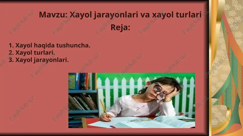 ini tuzadi. xayolning bunday turi passiv xayol deb ataladi. ixtiyoriy ravishda yuzaga keltirilgan, lekin hayot bilan, real hayotdagi faollikka olib kelmaydigan passiv xayol turi shirin xayol deb ataladi. qandaydir quvonchli, yoqimli narsalar haqida shirin xayollarga berilish hammaga xos. passiv xayol ixtiyorsiz ravishda ham yuzaga kelishi mumkin. xayolning bu turi asosan ong faoliyatining, ikkinchi signallar tizimining susayishida, odamning vaqtinchalik harakatsizlik holatida, uyqisirash holatida, affekt holatida, uyqida (tush ko’rish), ongning kasallikka uchrab buzilishida (gallyutsinatsiyada) va shu kabilarda sodir bo’ladi. passiv xayolning aksi bo’lgan aktiv xayol ijodiy va qayta tiklovchi xayol turlariga bo’linadi. ma’lum bir asosga, yozuvlarga, chizmalarga asoslanib ularga muvofiq keladigan obrazlar tizimini yaratuvchi xayol qayta tiklovchi xayol deyiladi. ijodiy xayol qayta tiklovchi xayoldan farq qilgan holda, orginal va qimmatli moddiy mahsulotlarda amalga oshiriladigan yangi obrazlarni yaratish. xayol (fantaziya) obrazlari qanday yaratiladi? xayol jarayonlari ham idrok, xotira, tafakkur kabi analitik va sintetik xarakterga ega. analiz idrok va xotiradek ob’ektning ayrim umumiy belgilarini …
