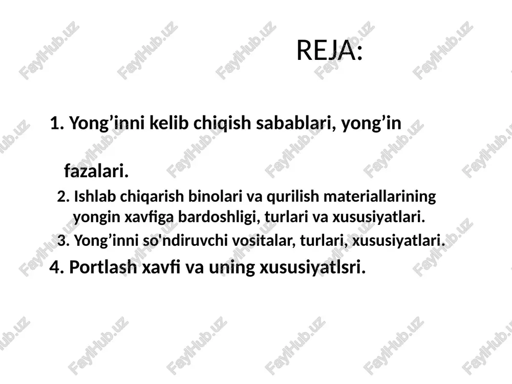 qurilishida qurilish me’yorlari va qoidalari hamda davlat standartiga rioya qilmaslik; - yong’in nazorati, gazdan foydalanishning nazorat qilish xodimlari tomonidan ko’rsatilgan yong’inni oldini olish tadbirlarining bajarilmasligi; - bolalarning yong’in chiqishiga olib keluvchi o’yinlariga beparvolik; - yong’inga qarshi kurashda qo’llaniladigan qutqaruv vositalarining kamligi sabab bo’ladi. barcha qurilish materiallari o’tga chidamliligi jihatidan 3 turga bo’linadi yonmaydigan - beton, pishiq g’isht, marmar, yuqori haroratda yonmaydigan, tutamaydigan va erimaydigan materiallar og’ir yonuvchan - yuqori harorat ta’sirida qiyinchilik bilan uchqunlanadigan, tutaydigan va ko’mirlanadigan, faqat olov manbai bo’lganidagina yonadigan materiallar kiradi. bularga dvp, dsp va boshqalar kiradi yonuvchan - bularga yog’och materiallari, tsellyuloza, plastmassa, qog’oz va bitumlar kiradi o’t o’chiruvchi vositalari agregat holatiga ko’ra suyuq holatda - suv, uglerod (iv) xlorid, etilbromid aralash holatda - suyuqlik bilan gazsimon - ko’piklar gazsimon (azot, uglerod (iv) oksidi inert gazlari, yonmaydigan bug’lar va suv bug’i) qattiq holatda - soda, ormosler, quruq kul, tuproq o’t o’chirish vositalari ta’sir qilish tamoyillariga ko’ra: …