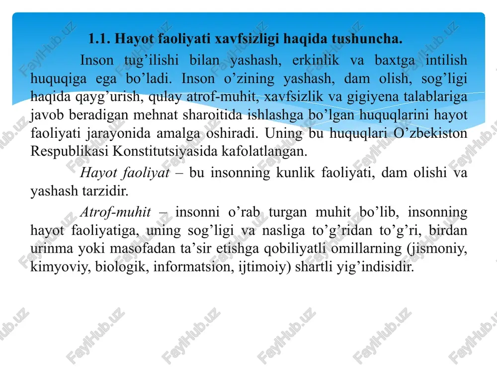 texnosfera o’zining moddiy va ijtimoiy-iqtisodiy ehtiyojlarini yanada yaxshilash ma- o’tmishda biosfyeraga taalluqli bo’lgan keyinchalik insonlarning qsadida to’g’ridan to’g’ri yoki sirtdan texnik vositalar bilan ta’sir etgan hududdir. texnosfera insonlar tomonidan texnik vositalar yordamida yaratilgan shaharlar, qo’rg’onlar, qishloq aholi punktlari, sanoat va korxonalar zonasi band etgan hududlar hisoblanadi. zamonaviy industrial jamiyatda inson atrof-muhit komponentlari (biosfyera, texnosfera va ijtimoiy muhit) bilan o’zaro ta’sirda bo’ladi. ya’ni inson tabiiy atrof-muhitga uzluksiz ta’sir etsa, o’z navbatida biosfyera va insonning ehtiyojlaridan kelib chiqib uning uzluksiz jismoniy va aqliy faoliyatining mahsuli bo’lgan texnosfera va ijtimoiy muhit ham insonga to’g’ridan to’g’ri yoki sirtdan doimiy ta’sir etadi. 1.2. hayot faoliyat xavfsizligi fanining maqsadi va vazifalari. hayot faoliyat xavfsizligi (hfx) - ishlab chiqarish va noishlabchiqarish muhitida insonni atrof muhitga ta’sirini hisobga olgan holda xavfsizlikni ta’minlashga yo’naltirilgan bilimlar tizimidir. hayot faoliyat xavfsizligining maqsadi - ishlab chiqarishda va favqulodda holatlarda xavfsizlikni ta'minlash va yaxshi ish sharoitlarini yaratish uchun insonlarni nazariy va amaliy jihatidan …