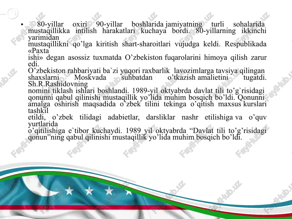 ohotlar amalga oshirildi, neft kimyosi, kimyo, avtomobil sanoati, qishloq xo‘jaligi va temir yo‘l mashinasozligi, farmatsevtika, elektrotexnika, to‘qimachilik sanoati, zamonaviy qurilish materiallari sanoati kabi yuqori texnologiyalarga asoslangan mutlaqo yangi sanoat tarmoqlariga asos solindi. ustyurt va sho‘rtan gaz-kimyo majmualari, buxoro neftni qayta ishlash zavodi, qo‘ng‘irot soda zavodi, dehqonobod kaliyli o‘g‘itlar korxonasi, andijon, samarqand, toshkent va xorazm viloyatlaridagi avtomobil zavodlari singari dunyo miqyosidagi noyob sanoat obyektlari barpo etildi. www.presentationgo.com by: .com © presentationgo.com konstitutsiyaviy mustaqillik yo‘lidagi ikkinchi huquqiy qadam prezidentlik instituti ta’sis etilishi bilan bog‘liq. yurtimiz hayotidagi bu g‘oyat muhim tarixiy voqea 1990-yil 24-mart kuni yuz berdi. mustaqilligimiz e’lon qilinishidan ancha oldin, o‘n ikkinchi chaqiriq oliy sovetning birinchi sessiyasida o‘zbekiston prezidenti lavozimini joriy etish haqida qaror qabul qilindi. ushbu sessiyada islom karimov o‘zbekistonning birinchi prezidenti etib saylandi. mustaqil o‘zbekistonning birinchi konstitutsiyasini yaratish g‘oyasi ilk bor ana shu sessiyada ilgari surildi. mustabid tuzum respublikalari orasida birinchi bo‘lib mamlakatimizda prezidentlik lavozimi ta’sis etilgani buning yaqqol …