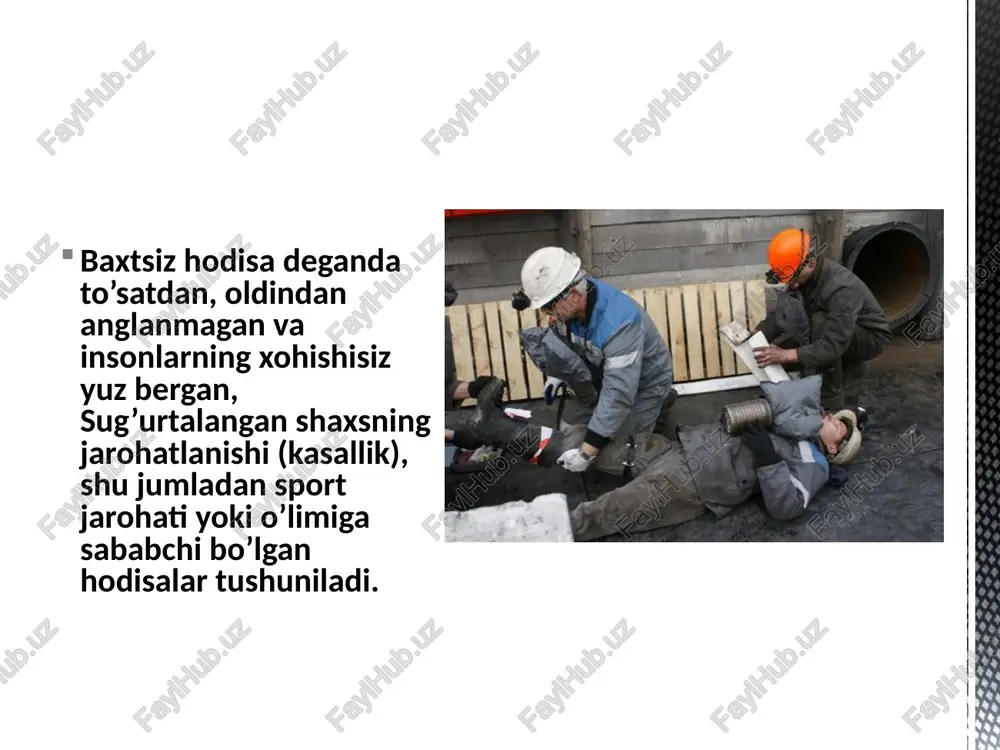 shirilishi, mehnatni muhofaza qilishga doir qonunlar va boshqa me’yoriy hujjatlarga rioya etilishi ustidan a) davlat nazoratini - maxsus vakolatga ega bo’lgan davlat idoralari va ularni inspekstiyalari; b) jamoatchilik nazoratini - kasaba uyushmasi tashkilotlari nazoratni amalga oshiradilar. jarohat – tana a'zolarini va to`qimalarni kutilmagan holatda tashqi ta'sir ostida shikastlanishdir. jarohatlar ikki turli bo`ladi: 1-ishlab chiqarish jarohatlari; 2-maishiy jarohatlar. ishlab chiqarish jarohatlari o`z navbatida - mexanik (urib olish, kesilib ketishi, ezilish va h.k.); - kimyoviy (kimyoviy kuyishlar); - issiqlik (kuyish va muzlatib olish); - elektrik (elektr zarbalar); - aralash jarohatlar turlariga bo`linadi. mehnatni muhofaza qilishiga doir qonunlar va boshqa normativ xujjatlar ro’yxati jarohat – tana a'zolarini va to`qimalarni kutilmagan holatda tashqi ta'sir ostida shikastlanishdir. jarohatlar ikki turli bo`ladi: 1-ishlab chiqarish jarohatlari; 2-maishiy jarohatlar. ishlab chiqarish jarohatlari o`z navbatida - mexanik (urib olish, kesilib ketishi, ezilish va h.k.); - kimyoviy (kimyoviy kuyishlar); - issiqlik (kuyish va muzlatib olish); - elektrik (elektr zarbalar); - …