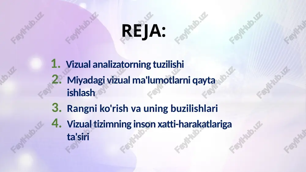 dam asosiy ranglardan birini ajrata olmaydi va dunyoni kulrang soyalarda ko'radi. 7 rangni ko'rish va uning buzilishlari 1 binokulyar ko'rish har bir ko'z tomonidan qabul qilinadigan tasvirning farqi tufayli chuqurlik va hajmni idrok etishga imkon beruvchi stereoskopik ko'rish. 2 monokulyar signallar bir ko'zning chuqurlik va hajmni idrok etishiga imkon beruvchi ishoralar, masalan, istiqbol, o'lcham va ob'ektlarning bir-biriga yopishishi. 3 harakat ob'ektning kuzatuvchiga nisbatan harakati uning masofasi va chuqurligini baholashga imkon beradi. 8 chuqurlik va hajmni idrok etish vizual illyuziyalar va ularni tushuntirish myuller-lyer illyuziyasi bir xil uzunlikdagi chiziqlar o'qlar yo'nalishiga qarab har xil ko'rinadi. ebbinghaus illyuziyasi markaziy doira kichik doiralar bilan o'ralgan bo'lsa, kattaroq ko'rinadi va kattaroq doiralar bilan o'ralgan bo'lsa, kichikroq ko'rinadi. ponzo illyuziyasi bir xil uzunlikdagi vertikal chiziqlar yaqinlashuvchi chiziqlar fonida joylashtirilganda har xil ko'rinadi. 9 vizual tizimning inson xatti-harakatlariga ta'siri ehtiyotkorlik vizual tizim diqqatni jalb qilish va muayyan ob'ektlarga diqqatni jalb qilishda muhim rol o'ynaydi. hissiyotlar vizual …