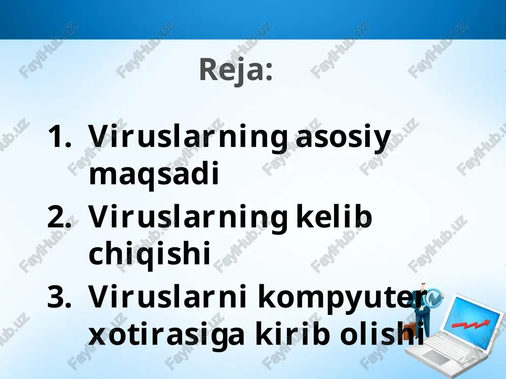 ayllami ruxsatsiz o'zgartirmaslik. adminstratoming alohida imkoniyatlar yaratuvchi yozuvlaridan zarurat tug‘ilmasa, foydalanmaslik; shubhali manbalardan kelgan noma’lum fayllami ishga tushirmaslik; internet tarmog‘iga ulangan kompyuter - yangilash yordamida eng kamida bir oyda bir marta antiviruslar bazasini yangilab turish zarur. buning natijasida foydalanuvchi kompyuterni jahon hisoblash to‘rida to'xtovsiz ishlab chiqilayotgan yangi viruslardan himoyalanishni mustahkamlaydi. ishchi dasturlar yordamida kompyuterni himoyalash rejasini amalga oshirish, statistikasi va monitoringini olib borish, zaruriyat bo‘lganda qaytadan tiklash uchun ehtiyot disklarini yaratish kabi vazifalarni bajarish mumkin. image2.jpeg image3.jpg image4.jpeg image5.jpeg image6.gif image7.jpeg image8.jpeg image9.jpeg image10.jpeg image11.jpg image1.jpeg /docprops/thumbnail.jpeg
