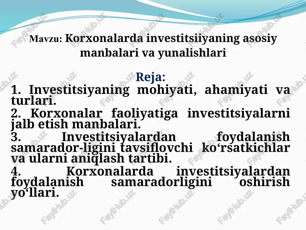 itsiyalar ko‘lamini kengaytirish maqsadga muvofiqdir. jumladan, korxonalar qimmatli qog‘ozlar chiqarib, sotilishini yo‘lga qo‘yish lozim. siyosiy va makroiqtisodiy barqarorlik investorlar huquqlarining kafolatlari soliq va bojxona to’lovlari bo’yicha imtiyoz va afzallliklar investitsiya muhiti xalqaro standartlarga javob beradigan moliya-hisob tizimi ishlab chiqarish uchun zarur infratuzilma xomashyo bazasi malakali va arzon ish kuchi qulay geografik joylashuv va zamonaviy logistika 9 investitsiyalarni shakllantirishda chetdan jalb qilinadigan mablag‘larga quyidagilar kiradi: - davlat budjetidan ajratiladigan mablag‘lar; - tijorat banklaridan olinadigan kreditlar; - hamkorlardan olinadigan mablag‘lar; - qimmatli qog‘ozlar chiqarib sotish orqali jalb etiladigan mahalliy va xorijiy korxonalar hamda fuqarolarning bo‘sh turgan mablag‘lari; - xayriya fondlaridan, homiylar tomonidan ajratilayotgan mablag‘lar va boshqalar. investitsiyalarning rentabellik darajasi (roi yoki arr). bu ko‘rsatkich buxgalteriya hisoboti ma’lumotlariga asoslangan holda aniqlanadigan o‘rtacha daromadni investitsiyalarning o‘rtacha yillik hajmiga bo‘lish orqali aniqlanadi. bunda hisob-kitob ishlari soliqlarni to‘lamasdan avvalgi foyda miqdoriga asoslanib amalga oshirilishi mumkin. eng yaxshisi, soliq to‘langandan keyingi sof foyda miqdori tanlab olinganligi afzalroqdir, …