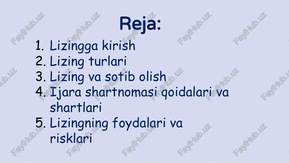 ish va moliyalashtirish. lizing operatsiyalari lizing to'lovlarini yig'ish, ijaraga olingan mulkni saqlash va ta'mirlash, ijara muddati davomida yuzaga kelishi mumkin bo'lgan har qanday muammolarni hal qilish kabi lizing aktivlarini doimiy boshqarishni o'z ichiga oladi. ijara shartnomasi qoidalari va shartlari lizing operatsiyalari aktivdan ma'lum muddatga muntazam to'lovlar evaziga foydalanishni o'z ichiga oladi. lizing shartnomasi lizing beruvchi (egasi) va lizing oluvchi (foydalanuvchi) o'rtasidagi qonuniy majburiy shartnomadir. ijara shartnomasining shartlari va shartlari ikkala tomonning huquq va majburiyatlarini belgilaydi. ijara hisobi lizing - katta miqdordagi oldindan to'lovni talab qilmasdan, belgilangan muddatga aktivlardan foydalanishni olishning keng tarqalgan usuli. lizing buxgalteriya hisobi lizing operatsiyalarini kompaniyaning moliyaviy hisobotida qayd etish va hisobot berishni o'z ichiga oladi. lizing operatsiyalari lizingni boshqarish va boshqarish bilan bog'liq faoliyatni, shu jumladan muzokaralar, lizing shartnomalari va doimiy lizing boshqaruvini anglatadi. 1 2 3 lizing boshqaruvi lizing - bu korxonalar uchun aktivlarni to'g'ridan-to'g'ri sotib olmasdan sotib olish uchun mashhur moliyaviy alternativ. lizing operatsiyalari …