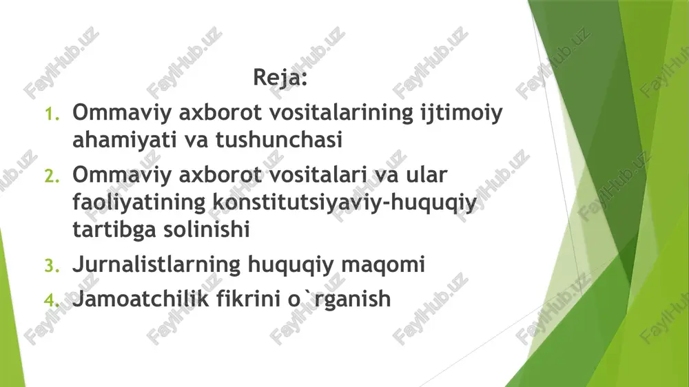 langan har bir inson himoya uchun barcha imkoniyatlar ta`minlangan holda, ochiq sudlov yo`li bilan uning aybi qonuniy tartibda aniqlanmagunicha aybsiz deb hisoblanish huquqiga ega. hozirgi kunda 50dan ortiq mamlakat axborot erkinligi to`g`risida qonun qabul qilgan. ayni paytda ularning ko`pchiligi keyingi yillikda qabul qilingan. va yana 3o dan ortiq mamlakat xuddi shunday qonun qabul qilish arafasida. o’zbekiston oav 680 gazeta 194 jurnal 4 axboriy agentlik 34 teleradio studiya 4 milliy teleradio kompaniya 7 kabelli audiovizual oav yangi axboriy texnologiyalar va ayniqsa, internet jahon miqyosida yangi vaziyatni yuzaga keltirdi. jurnalistika shaxs, jamiyat va davlat o`rtasidagi sifat jihatdan yangilangan munosabatlarni ko`proq ta`sir o`tkaza boshladi. toronto universitetining professori marshall maklyuen tomonidan o`tgan asrning 60-yillaridayoq obrazli tarzda ifodalangan «global qishloq» tushunchasi reallikka aylanmoqda. bugun butun insoniyat jamoa o`lchamigacha ixchamlashmoqda. industrial jamiyat o`rniga, ommaviy kommunikatsiyalar va axborotning roli beqiyos darajada oshgan. axborot jamiyati qadam qo`ydi. kompyuter, uyali telefon, internet millionlab odamlar hayotining ajralmas qismiga aylandi. bunday …