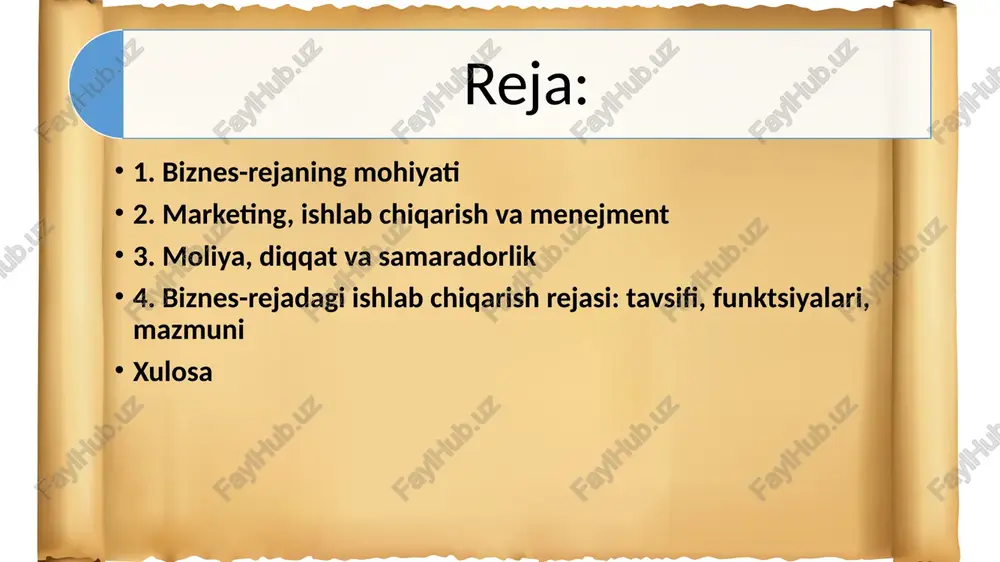 da o'ylash bosqichida o'z imkoniyatlaringizni oldindan ko'ra bilish va voqealar rivojini oldindan ko'ra bilish qobiliyatini oshirib yubormaslik juda muhimdir. vaziyatlarni tahlil qilish va olingan ma'lumotlarga asoslanib, bozor xatti-harakatlarining bevosita va uzoq muddatli istiqbollarini aniqlash qobiliyati tajriba bilan birga keladi. bu erda na ta'lim, na tabiiy zukkolik yordam bermaydi. ba'zi narsalarni faqat vizual tasvirni ko'p marta o'tkazish orqali amalga oshirish mumkin. shu sababli, ko'plab ishbilarmonlar biznes-rejaning asosiy qoidalarini mustaqil ravishda o'z zimmalariga olishlari va hatto tahliliy faoliyat bilan shug'ullanishlari uchun xavf tug'dirmaydilar. investitsiya vositachilari kimlar sarlavha sahifasi; rezyume; korxona va sanoat tavsifi; mahsulot tavsifi; marketing tahlili, strategiyasi va sotish; ishlab chiqarish rejasi; boshqaruv va tashkiliy reja; moliyaviy reja; loyihaning yoʻnalishi va samaradorligi; xavflar va kafolatlar; ilovalar (qo'shimcha hujjatlar). bloyiha ma'lumotlarining quyidagi ketma-ketligi odatda standart biznes-reja tuzilishi sifatida ishlatiladi: biznes-reja mazmuni: misol biznes-rejaning asosiy bo'limlarining tuzilishi va mazmuni ishlab chiqarish rejasi bo'yicha paragrafni talab qiladi. ushbu bandda ishlab chiqarishga jalb qilingan va …