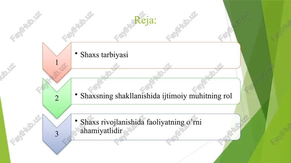 m. bu tarbiya tizimi orqali amalga oshiriladi. ya’ni tarbiya ta’sirida muhit bera olmagan bilim, ma’lumot egallanadi, mehnat va texnik faoliyat bilan bog'liq ko’nikma va malakalar hosil bo’ladi. tarbiya tufayli tug'ma kamchiliklar ham o’zgartirilib, shaxs kamolga etadi. tarbiya yordamida muhitning salbiy ta’sirini ham yo’qotish mumkin. tarbiya kelajakka qaratilgan maqsadni belgilaydi. demak, tarbiya bilan rivojlanish bir-biriga ta’sir etadi, bu tarbiya doimiy va uzluksizdir. shaxs rivojlanishi nimalarga bog’liq irsiyat muhit tarbiya faoliyat shaxs rivojlanishida faoliyatning o’rni ahamiyatlidir bu degani inson qanchalik mehnat qilsa, uning rivojlanishi shunchalik yuqori bo’ladi. faoliyat o’zi nima? faoliyat shaxs tomonidan tabiiy va ijtimoiy hayotni maqsadga muvofiq tashkil etiluvchi kundalik, ijtimoiy yoki kasbiy harakatlarning muayyan shakli, ko’rinishi. insonning qobiliyati va yoshi u tomonidan tashkil etilayotgan faoliyat mohiyatiga ko’ra belgilanadi. faoliyat jarayonida inson shaxsi, har tomonlama va bir butun, yaxlit holda rivojlanadi. lekin faoliyatni maqsadga muvofiq amalga oshirishi uchun uni to’g’ri tashkil etish lozim. lekin ko’p holatlarda shaxsning rivojlanishi uchun imkoniyatlar …