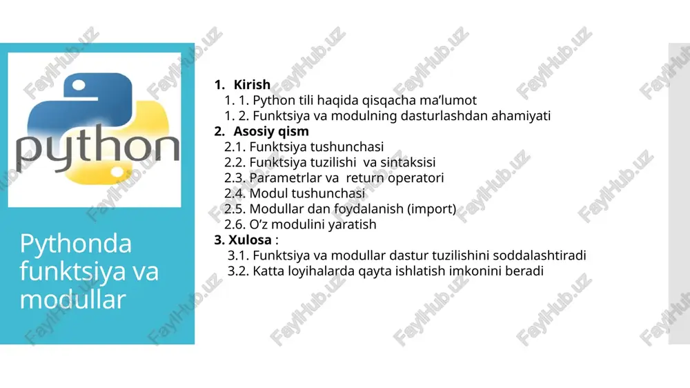 si modul modul – tayyor kodlar to‘plami, uni dasturga qo‘shib ishlatish mumkin. misol: import math → math.sqrt(16) shunday qilib, modul yordamida kodni qayta ishlatish oson bo‘ladi. moduldan foydalanish import import modulni dasturga qo'shadi modul_nomi.funksiya orqali ishlatiladi. o’z modulini yaratish menimodul.py fayl yarat import qilib ishlat funktsiya va modullar dastur tuziloshini soddalashtiradi funktsiya va modullar dastur tuzilishini soddalashtiradi, chunki ular: kodni qayta ishlatishga imkon beradi. dastur tushunarli va tartibli bo‘ladi. xatolarni oson aniqlash va tuzatish mumkin qiladi. katta dasturlarni kichik bo‘laklarga bo‘lish imkonini beradi. katta loyihalarda qayta ishlatish imkonini beradi katta loyihalarda qayta ishlatish: funktsiya va modullar dasturdagi kodni kichik, mustaqil qismlarga bo‘lish imkonini beradi. shu sababli bir marta yozilgan kodni bir necha joyda chaqirish mumkin bo‘ladi. bu esa: kodni tezroq yozishga yordam beradi, xatolarni oson aniqlash va tuzatishni osonlashtiradi, dastur tuzilishini tartibli va tushunarli qiladi. image1.jpeg image2.jpeg image3.jpeg image4.jpeg image5.jpeg image6.jpeg image7.jpeg image8.jpeg image9.jpeg image10.jpeg image11.jpeg image12.jpeg image13.jpeg image14.jpeg image15.jpeg …