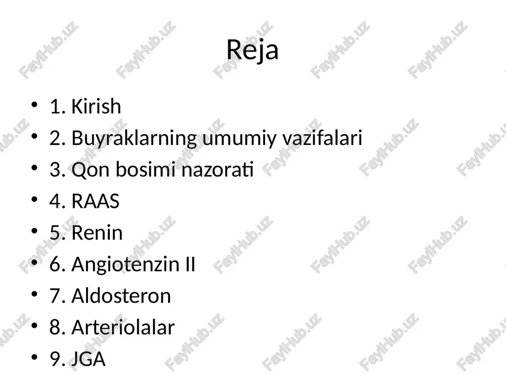 osim ko‘tariladi. [rasm] arteriolalar afferent va efferent arteriolalar: afferent kengayganda gfr oshadi, efferent torayganda ham gfr oshishi mumkin. bu o‘zgarishlar glomerulyar bosimni bevosita boshqaradi. qon oqimi doimiyligini ta’minlaydi. [rasm] jga jukstaglomerulyar apparat: bu tuzilma macula densa, jg hujayralar va ekstraglomerulyar mezangial hujayralardan iborat. ular renin sekresiyasini boshqaradi. natriy konsentratsiyasi haqida axborot beradi. [rasm] natriy va suv natriy va suv balansiga ta’siri: buyraklar natriyni ushlab suvni ko‘paytiradi yoki chiqaradi. adh gormoni suv qayta so‘rilishini oshiradi. natriy ko‘payishi osmolyarlikni o‘zgartiradi va bosimni oshiradi. [rasm] baroreseptor baroreseptorlar: buyrak arteriyalarida joylashgan baroreseptorlar bosim pasayishini sezib, renin ishlab chiqarishni kuchaytiradi. ular uzoq muddatli ad boshqaruvining muhim qismidir. yuqori bosimda renin kamayadi. [rasm] perfuzion buyrak perfuziyasi: perfuziya darajasi past bo‘lsa, renin ishlab chiqarilishi ortadi. bu esa raasni faollashtiradi. perfuzion bosim glomerulyar filtratsiya uchun muhim. [rasm] patologiya patologik holatlar: gipertenziya ko‘pincha raas tizimining haddan tashqari faolligi bilan bog‘liq. renovaskulyar gipertenziya buyrak arteriyasi torayishi tufayli yuzaga keladi. buyrak …