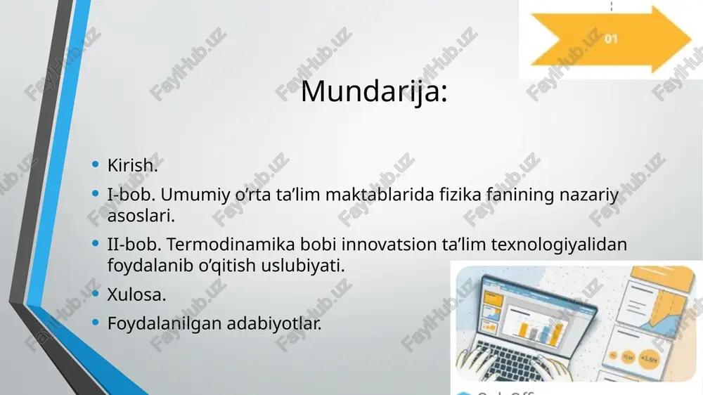 linadi: termodinamika qonunlariga oid mavzularni o’qitishda ma’ruza mashg’uloti uchun ta’lim texnologiyasi modeli va texnologik xaritasi tuzildi. termodinamika qonunlariga oid mavzularni o’qitishda amaliy mashg’uloti uchun ta’lim texnologiyasi modeli va texnologik xaritasi tuzildi. termodinamika qonunlariga oid amaliy mashg’uloti uchun tuzilgan ta’lim texnologiyasi modeli va texnologik xarita. mavzular bo’yicha talabalar bilimini faollashtiruvchi savollar va uch darajali testlar va termodinamika qonunlariga oid tegishli organayzerlar. malakaviy bitiruv ishining strukturasi:malakaviy bitiruv ishi kirish, ikki bob, xulosalar va adabiyotlar ro’yxatidan iborat. 1.1. umumiy o’rta ta’lim maktablarida 9-sinf fizika bo’yicha dts talablari. uqtirish xati maktabda fizika ta’limining ahamiyati uning fan-texnika va texnologiya taraqqiyotida, ishlab chiqarish sohalari va kundalik hayotda tutgan o‘rni bilan belgilanadi. umumiy o‘rta ta’lim maktablarida fizika fanini o‘qitish o‘quvchilarning hayotiy tasavvurlari bilan amaliy faoliyatlarini umumlashtirish orqali fizik bilimlarni amalda qo‘llay olish salohiyatini shakllantirish va rivojlantirishdan iborat. 9-sinf molekular fizika asoslari (68 soat, haftasiga 2 soat, a2+: 102 soat, haftasiga 3 soati ii bob. ichki energiya va …