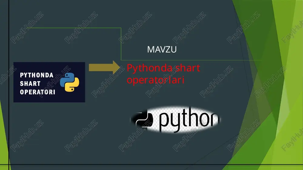 i yaratish uchun taqqoslash operatorlaridan foydalaniladi: operator ma'nosi misol \text{==} teng x \text{ == } y \text{!=} teng emas x \text{ != } y \text{>} katta x \text{ > } y \text{ =} katta yoki teng x \text{ >= } y \text{ yosh = 25 daromad = 6000 if yosh >= 18 and daromad > 5000: print("kredit olish mumkin.") python and {or} kamida bitta shart haqiqiy (\text{true}) bo'lsa, natija \text{true} bo'ladi. faqat barcha shartlar \text{false} bo'lsa, natija \text{false} bo'ladi. hafta_kuni = "yakshanba" ta'til = true if hafta_kuni == "shanba" or hafta_kuni == "yakshanba" or ta'til: print("dam olish kuni.") {not} mantiqiy ifodaning qiymatini teskarisiga o'zgartiradi (\text{true} \to \text{false}, \text{false} \to \text{true}). yopilgan = false if not yopilgan: print("do'kon ochiq.") # yopilgan false bo'lgani uchun, not yopilgan true bo'ladi xulosa python'dagi shart operatorlari kodimizga "qaror qabul qilish" imkoniyatini beradi. ular dastur mantig'ining asosini tashkil etadi va deyarli har bir murakkab dasturda ishlatiladi. …