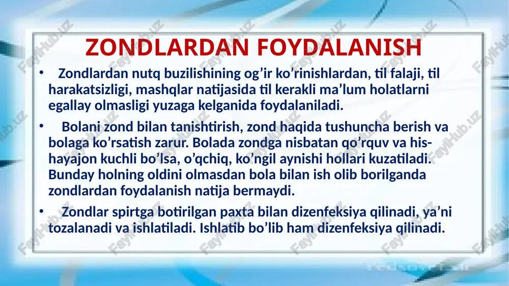 anish natijasida “dr-r-r” tovushi hosil bo’ladi. 5-zond. “l”-tovushini hosil qilishda, til uchi yuqori tishlar va tanglay tomon ko’tarilishida qiyinchiliklar kuzatilganda, ya’ni til butunlay yuqoriga ko’tarila olmaganda zond bilan til tagidan ko’tariladi. ba’zan bu zond bilan tilning o’rtasi va ustki qismini bosib, til uchini yuqoriga ko’tarish mashqi qilinadi. 6-zond. “k”-tovushini hosil qilishda ishlatiladi. bola tilini og’iz ichiga torta olmaganida foydalanildi. zondni bola tilining uchiga kirgiziladi va bolaga “ta-ta-ta” bo’g’inini takrorlash taklif etiladi. shu vaqtning o’zida zond bilan til og’iz ichkarisiga itariladi. til me’yoridagi holatni egallaganda “ta-ta-ta” bo’g’ini “ka-ka-ka” bo’g’iniga aylanadi. tavsiya zondlardan imkon qadar qisqa muddat foydalanish kerak. bola tili bilan kerakli holatni his qilishda yordam ko’rsatiladi. keyingi bosqichda ko’zgu ro’parasida me’yor hosil qilishdagi artikulatsiyani mustaqil egallash mashqlariga o’tiladi. zondlar bola uchun yoqimsiz muolaja ekanini unutmasligimiz zarur va ulardan me’yorida foydalanishni tavsiya etamiz. image1.jpeg image2.jpeg image3.jpeg image4.png image5.png image6.png image7.png image8.png image9.png image10.png