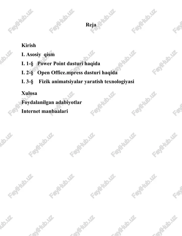 r qanday so'zni qayta ishlash dasturida foydalanish uchun o'tkaziladigan ko'nikmalarni taklif qilishi kerak. i.1.power point dasturi haqida: animatsiyaning turlari siz darhol ishlashingiz kerak bo'lgan barcha mavjud ta'sir toifalarini ko'rib chiqishingiz kerak. ular foydalanish maydoni va harakatlarning tabiatiga qarab bo'linadi. hammasi bo'lib, ular 4 ta asosiy toifaga bo'lingan. kirish biror elementning ko'rinishini o'ynaydigan harakatlar guruhi. taqdimotlarda eng ko'p uchraydigan animatsiya turlari har bir yangi slaydning boshlanishini yaxshilash uchun ishlatiladi. yashil rangda ko'rsatilgan. chiqish siz taxmin qilganingizdek, ushbu harakatlar guruhi, aksincha, ekrandan element yo'qolishi uchun xizmat qiladi. ko'pincha, u bir xil tarkibiy qismlarning kirishini animatsiya bilan birgalikda va ketma-ket ishlatiladi, shunda ular slaydni keyingisiga qaytarishdan oldin olib tashlanadi. qizil rangda ko'rsatilgan. tanlash bu yoki boshqa tarzda tanlangan elementni o'ziga qaratib, unga e'tibor qaratadigan animatsiya. ko'pincha, bu slaydni diqqat e'tiborini jalb qilish yoki boshqa hamma narsadan chalg'itadigan muhim jihatlarga tegishli. sariq rangda ko'rsatilgan. sayohat usullari slayd elementlarining kosmosda joylashishini o'zgartirish uchun ishlatiladigan qo'shimcha …