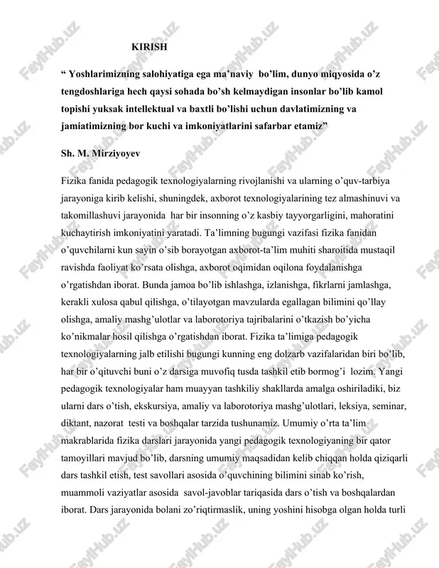 amaliy mashg’ulotlar va laborotoriya tajribalarini o’tkazish bo’yisha ko’nikmalar hosil qilishga o’rgatishdan iborat. fizika ta’limiga pedagogik texnologiyalarning jalb etilishi bugungi kunning eng dolzarb vazifalaridan biri bo’lib, har bir o’qituvshi buni o’z darsiga muvofiq tusda tashkil etib bormog’i lozim. yangi pedagogik texnologiyalar ham muayyan tashkiliy shakllarda amalga oshiriladiki, biz ularni dars o’tish, ekskursiya, amaliy va laborotoriya mashg’ulotlari, leksiya, seminar, diktant, nazorat testi va boshqalar tarzida tushunamiz. umumiy o’rta ta’lim makrablarida fizika darslari jarayonida yangi pedagogik texnologiyaning bir qator tamoyillari mavjud bo’lib, darsning umumiy maqsadidan kelib shiqqan holda qiziqarli dars tashkil etish, test savollari asosida o’quvshining bilimini sinab ko’rish, muammoli vaziyatlar asosida savol-javoblar tariqasida dars o’tish va boshqalardan iborat. dars jarayonida bolani zo’riqtirmaslik, uning yoshini hisobga olgan holda turli usullardan foydalanish o’qituvshi-pedagogning bilishi zarur bo’lgan xususiyatdir. shu o’rinda men pedagogika va ta’lim texnologiyasiga shuqurroq to’xtalmoqshiman. pedogogik texnologiya tushunshasining qo’llanilishi bu asosiy e’tiborni faqat ta’lim jarayonini samarali tashkil etishgagina qaratilmay, balki ham ta’lim, ham …